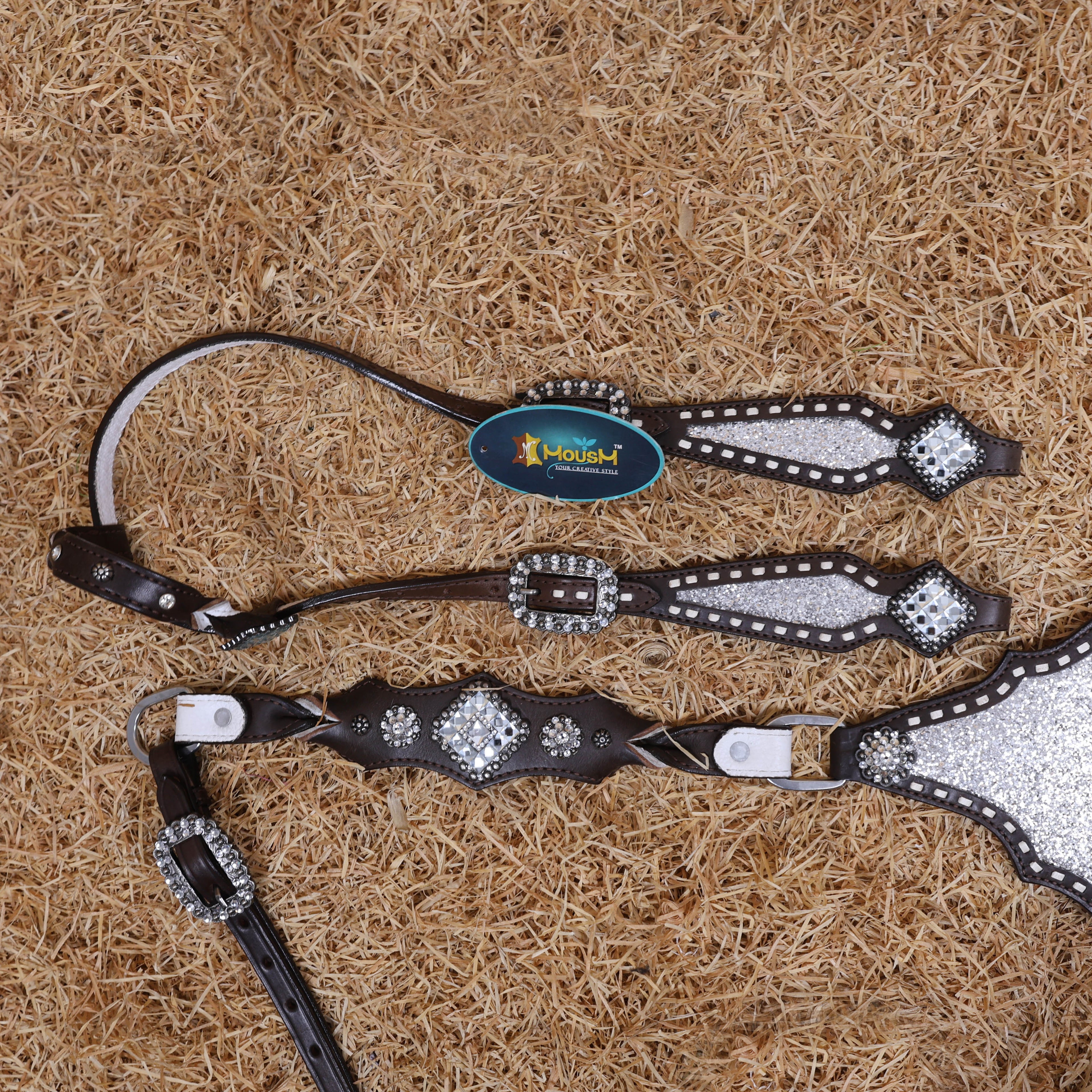 MOUSM Western Horse Tack Set – Handcrafted from Genuine Argentina Cow Leather with Silver Glitter Inlay, Gladiator Breast Collar with Rhinestone Conchos, and One-Ear Headstall with Twisted Knot, Finished with Antique Copper Hardware