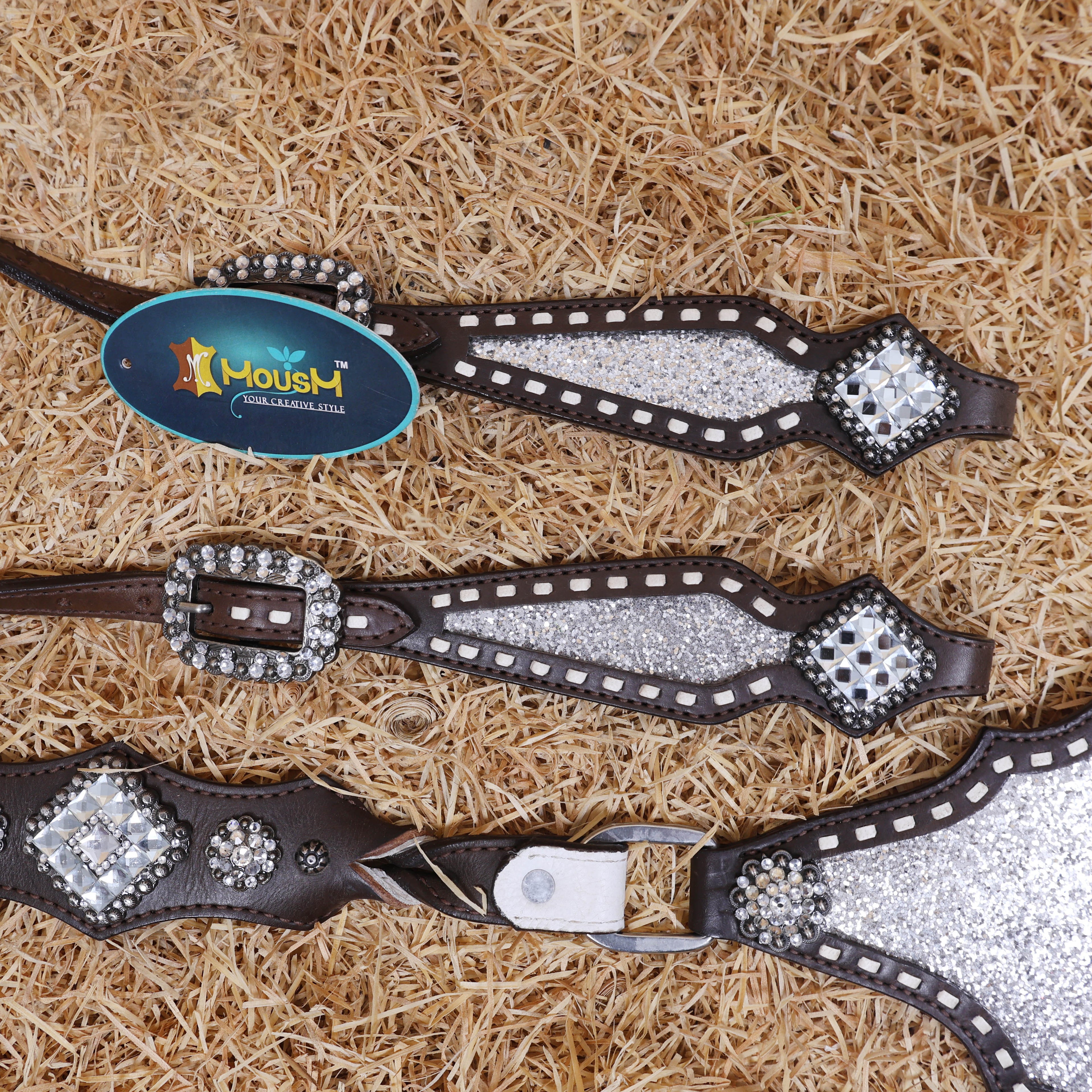 MOUSM Western Horse Tack Set – Handcrafted from Genuine Argentina Cow Leather with Silver Glitter Inlay, Gladiator Breast Collar with Rhinestone Conchos, and One-Ear Headstall with Twisted Knot, Finished with Antique Copper Hardware