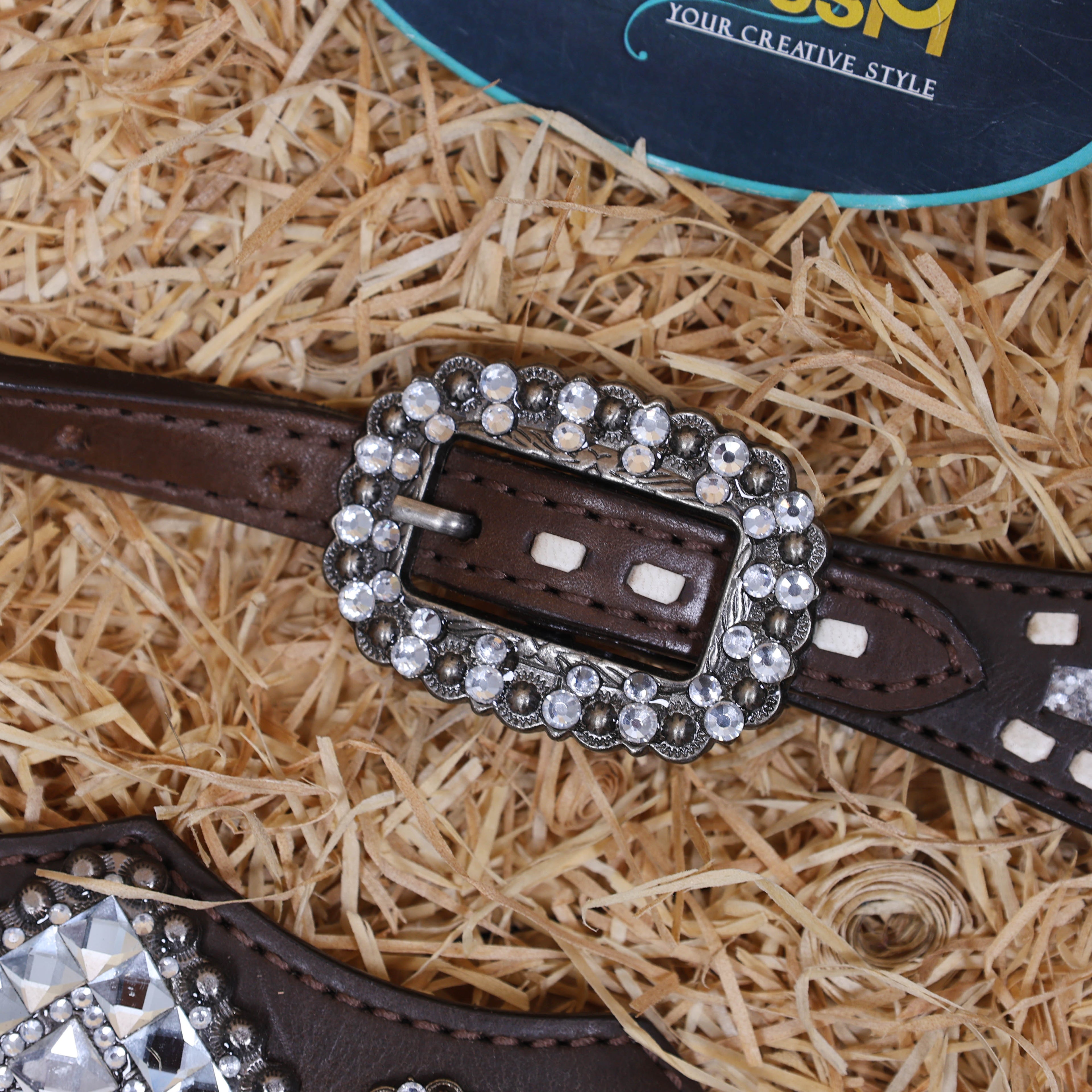 MOUSM Western Horse Tack Set – Handcrafted from Genuine Argentina Cow Leather with Silver Glitter Inlay, Gladiator Breast Collar with Rhinestone Conchos, and One-Ear Headstall with Twisted Knot, Finished with Antique Copper Hardware