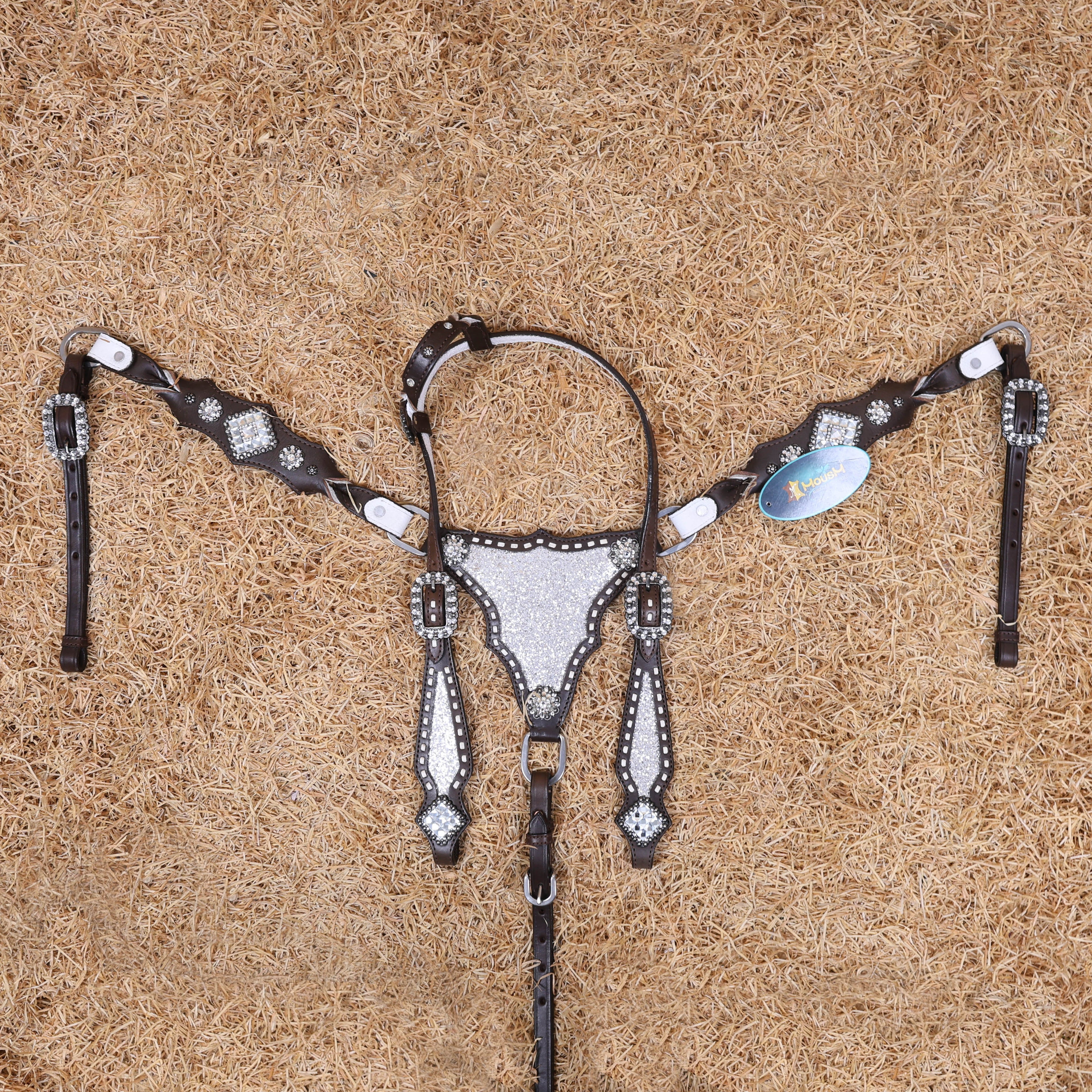 MOUSM Western Horse Tack Set – Handcrafted from Genuine Argentina Cow Leather with Silver Glitter Inlay, Gladiator Breast Collar with Rhinestone Conchos, and One-Ear Headstall with Twisted Knot, Finished with Antique Copper Hardware