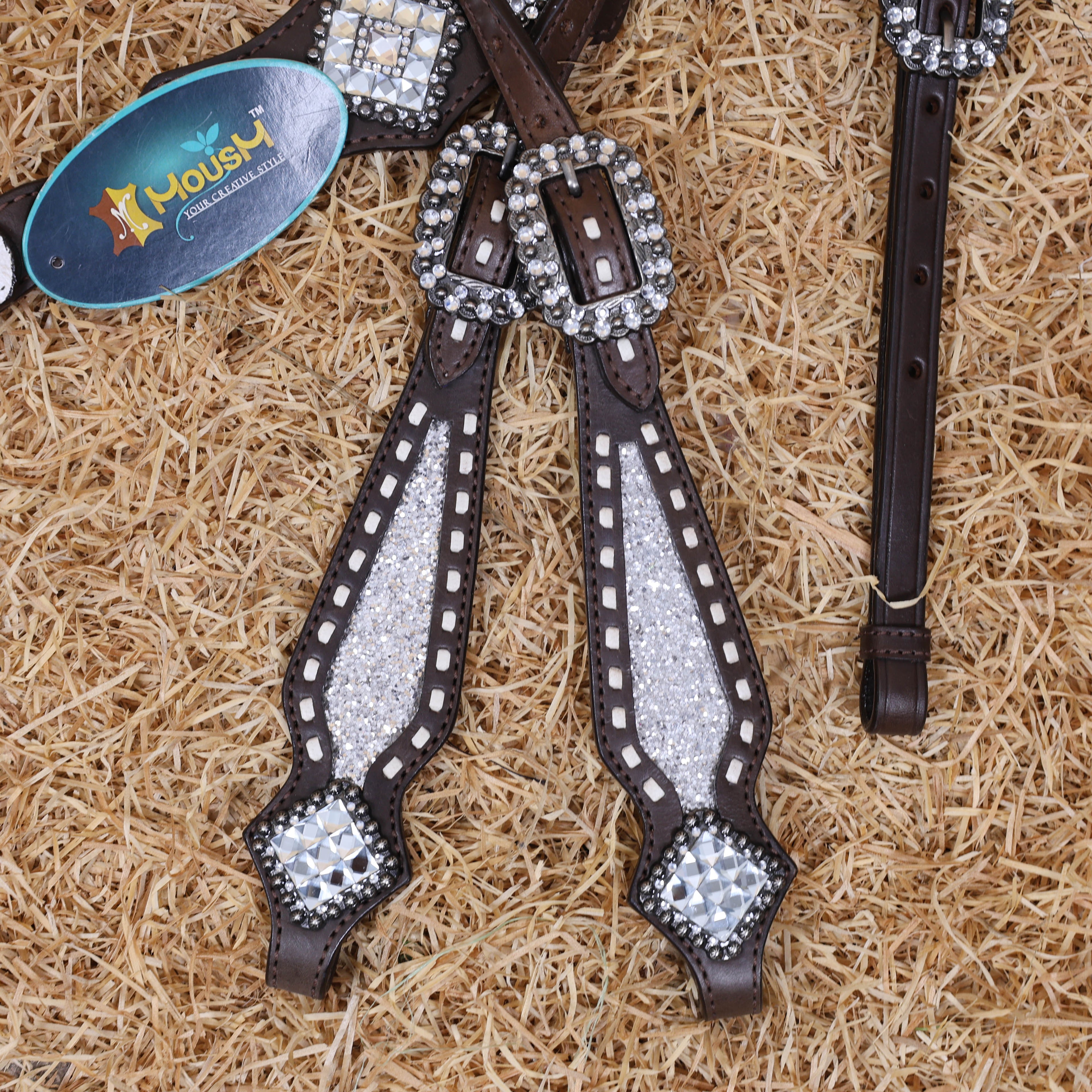 MOUSM Western Horse Tack Set – Handcrafted from Genuine Argentina Cow Leather with Silver Glitter Inlay, Gladiator Breast Collar with Rhinestone Conchos, and One-Ear Headstall with Twisted Knot, Finished with Antique Copper Hardware