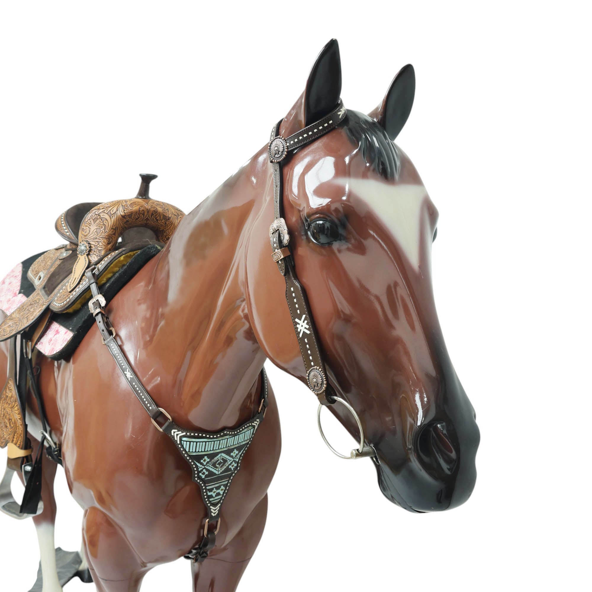 MOUSM Western Headstall Set – Handcrafted from Argentina Cow Leather with Aztec Inlay Breast Collar, Rawhide Buck Stitching Throughout & Native American Conchos