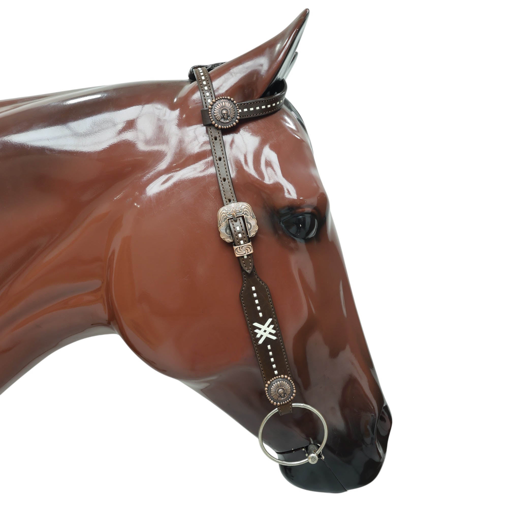MOUSM Western Headstall Set – Handcrafted from Argentina Cow Leather with Aztec Inlay Breast Collar, Rawhide Buck Stitching Throughout & Native American Conchos