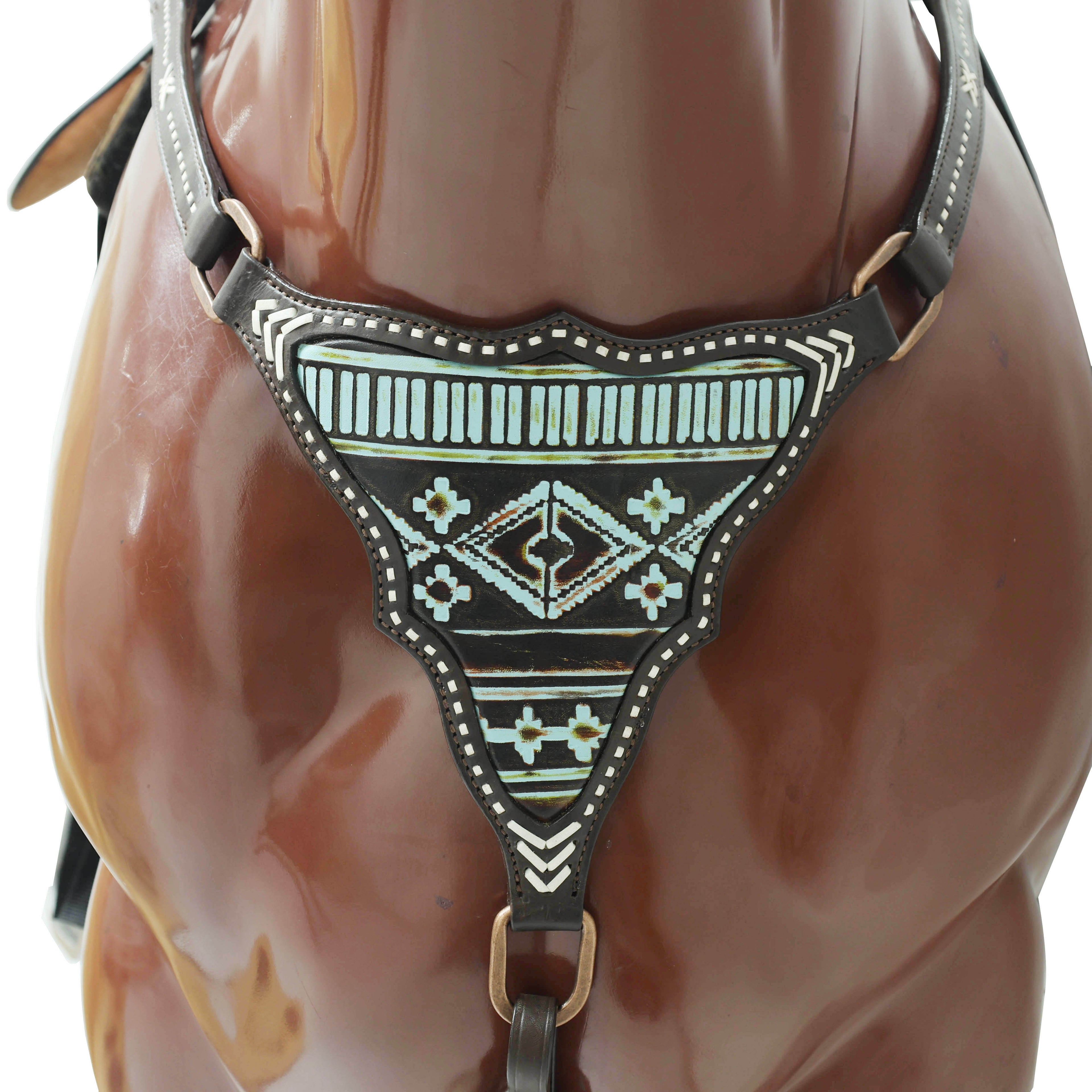 MOUSM Western Headstall Set – Handcrafted from Argentina Cow Leather with Aztec Inlay Breast Collar, Rawhide Buck Stitching Throughout & Native American Conchos