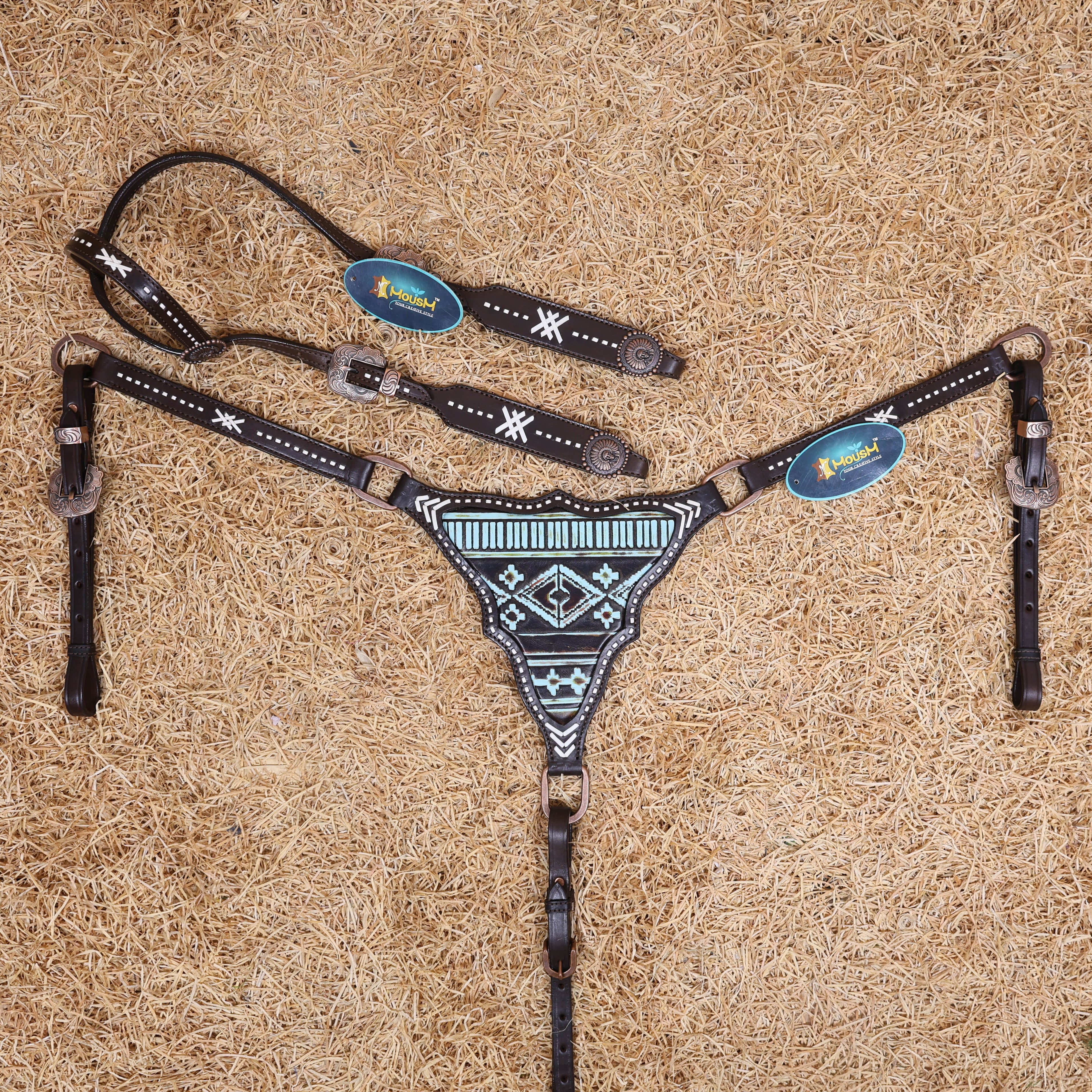 MOUSM Western Headstall Set – Handcrafted from Argentina Cow Leather with Aztec Inlay Breast Collar, Rawhide Buck Stitching Throughout & Native American Conchos