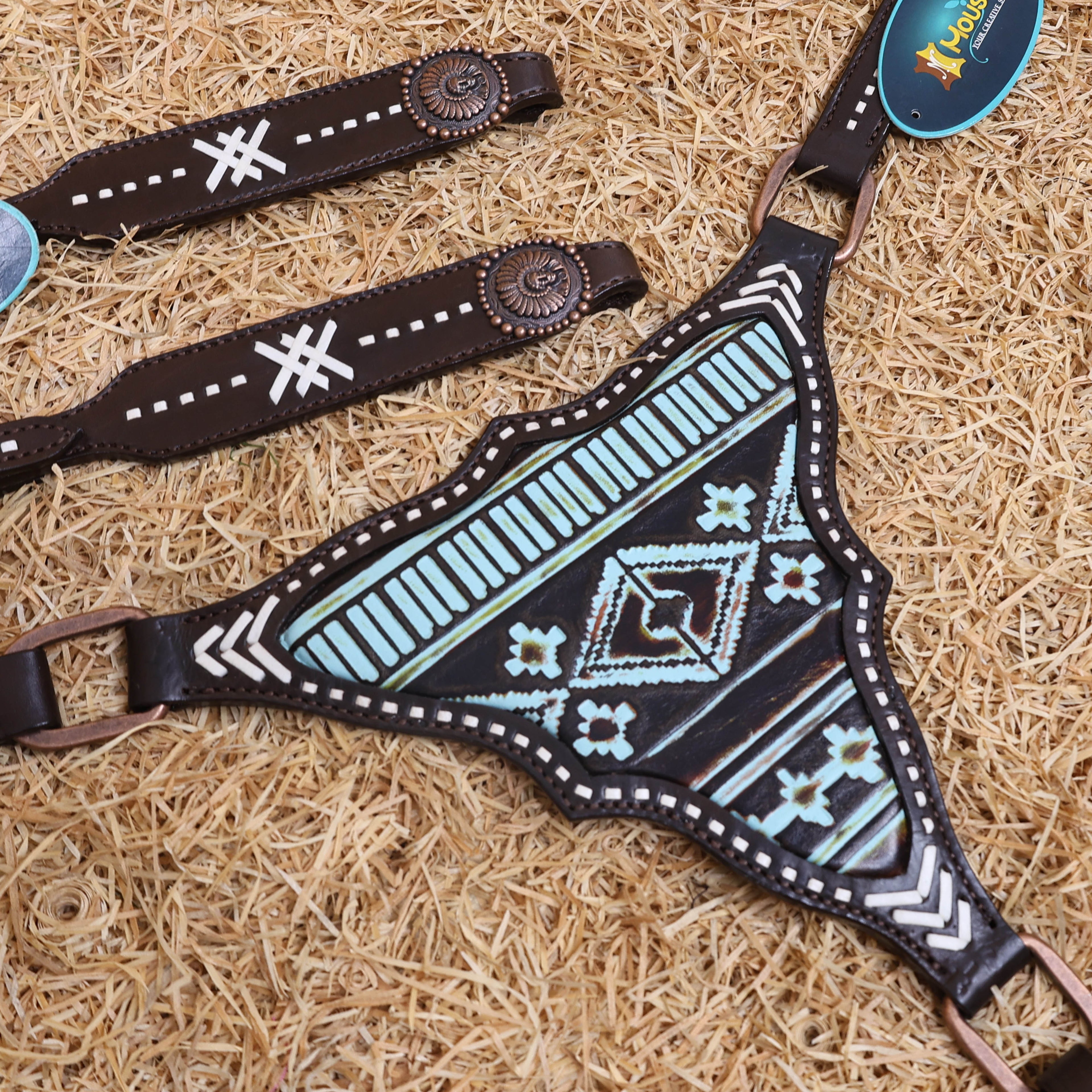 MOUSM Western Headstall Set – Handcrafted from Argentina Cow Leather with Aztec Inlay Breast Collar, Rawhide Buck Stitching Throughout & Native American Conchos
