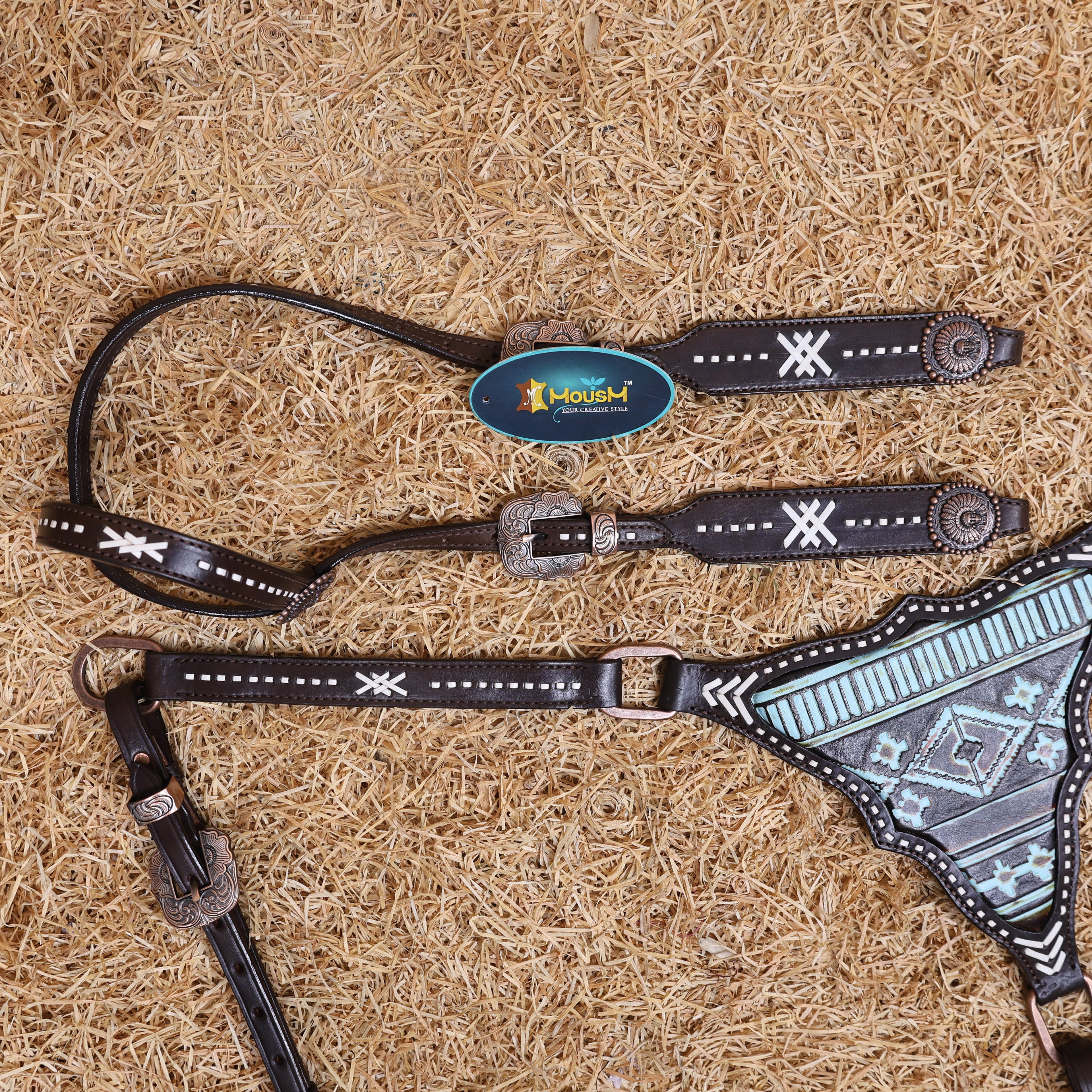 MOUSM Western Headstall Set – Handcrafted from Argentina Cow Leather with Aztec Inlay Breast Collar, Rawhide Buck Stitching Throughout & Native American Conchos