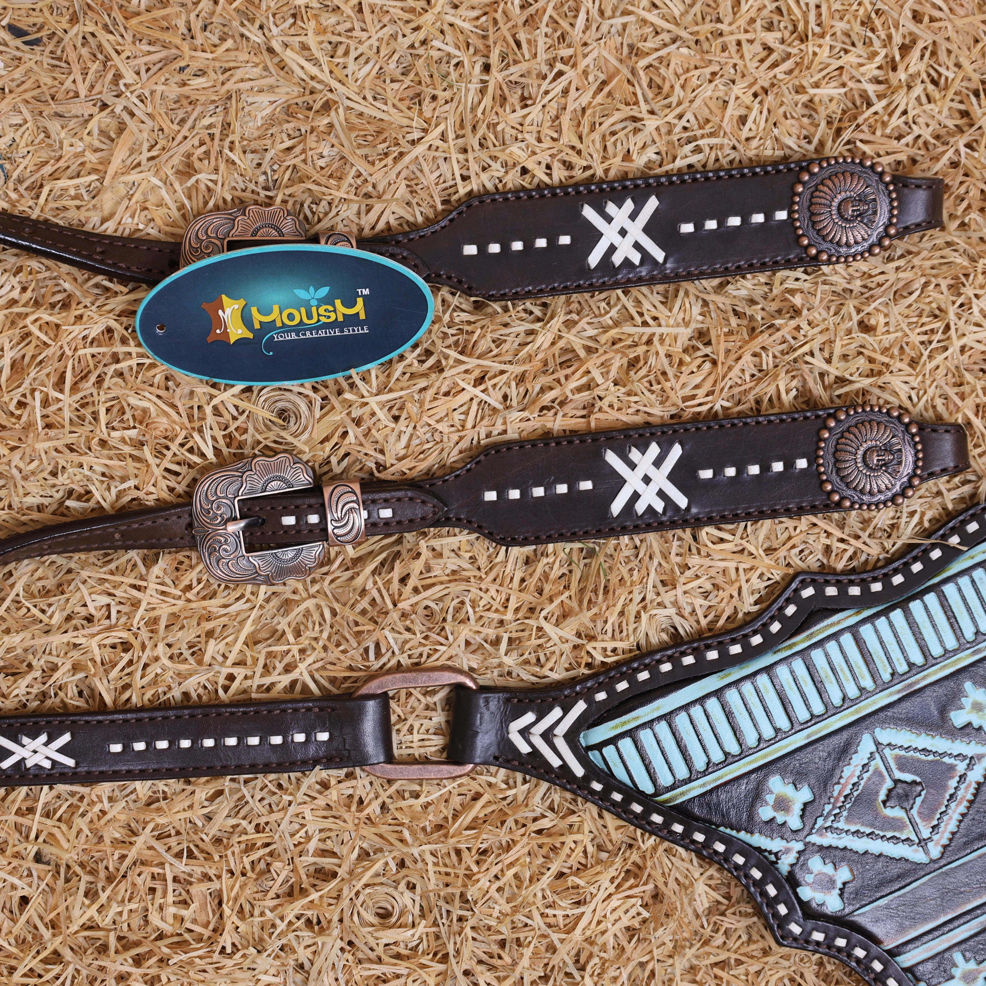 MOUSM Western Headstall Set – Handcrafted from Argentina Cow Leather with Aztec Inlay Breast Collar, Rawhide Buck Stitching Throughout & Native American Conchos