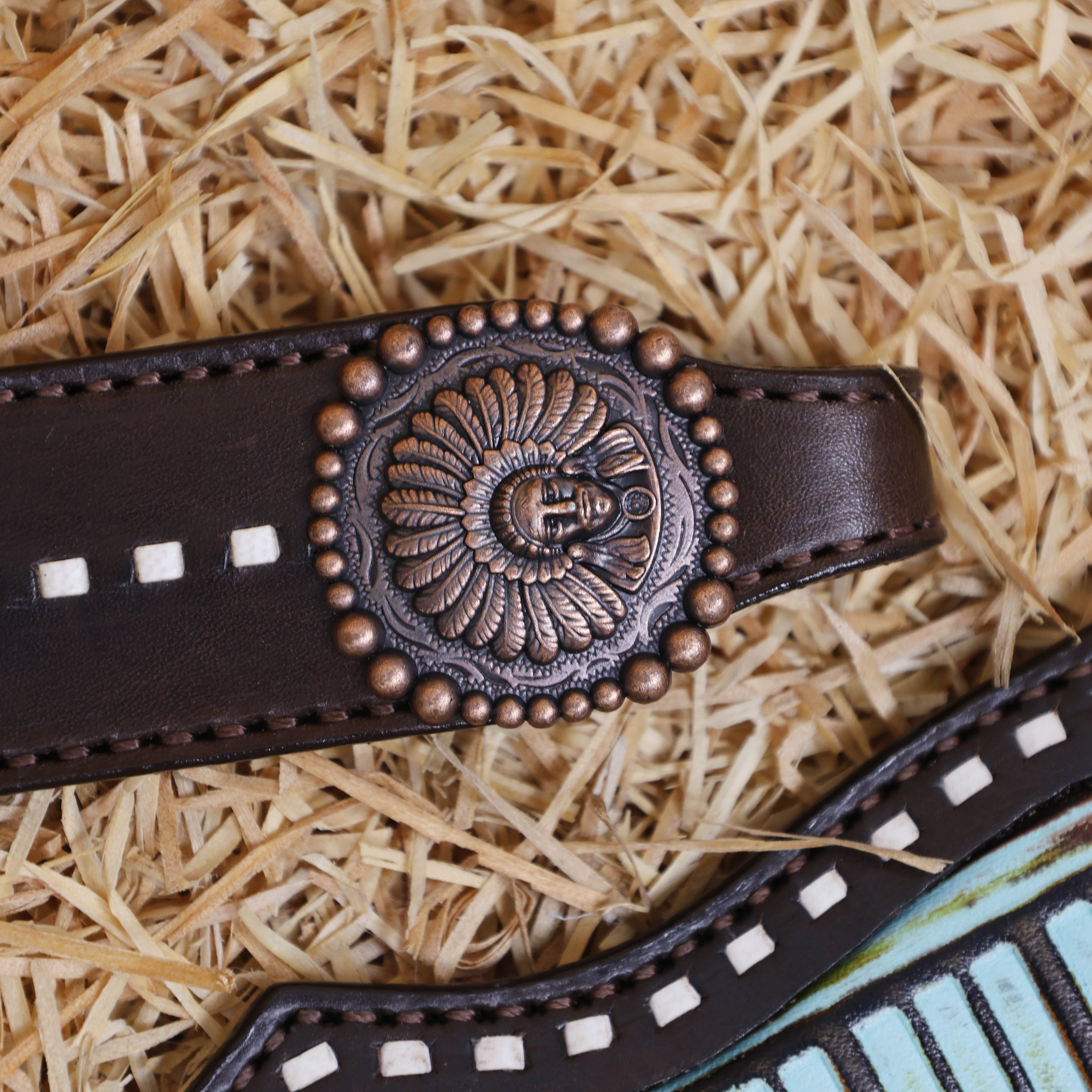 MOUSM Western Headstall Set – Handcrafted from Argentina Cow Leather with Aztec Inlay Breast Collar, Rawhide Buck Stitching Throughout & Native American Conchos
