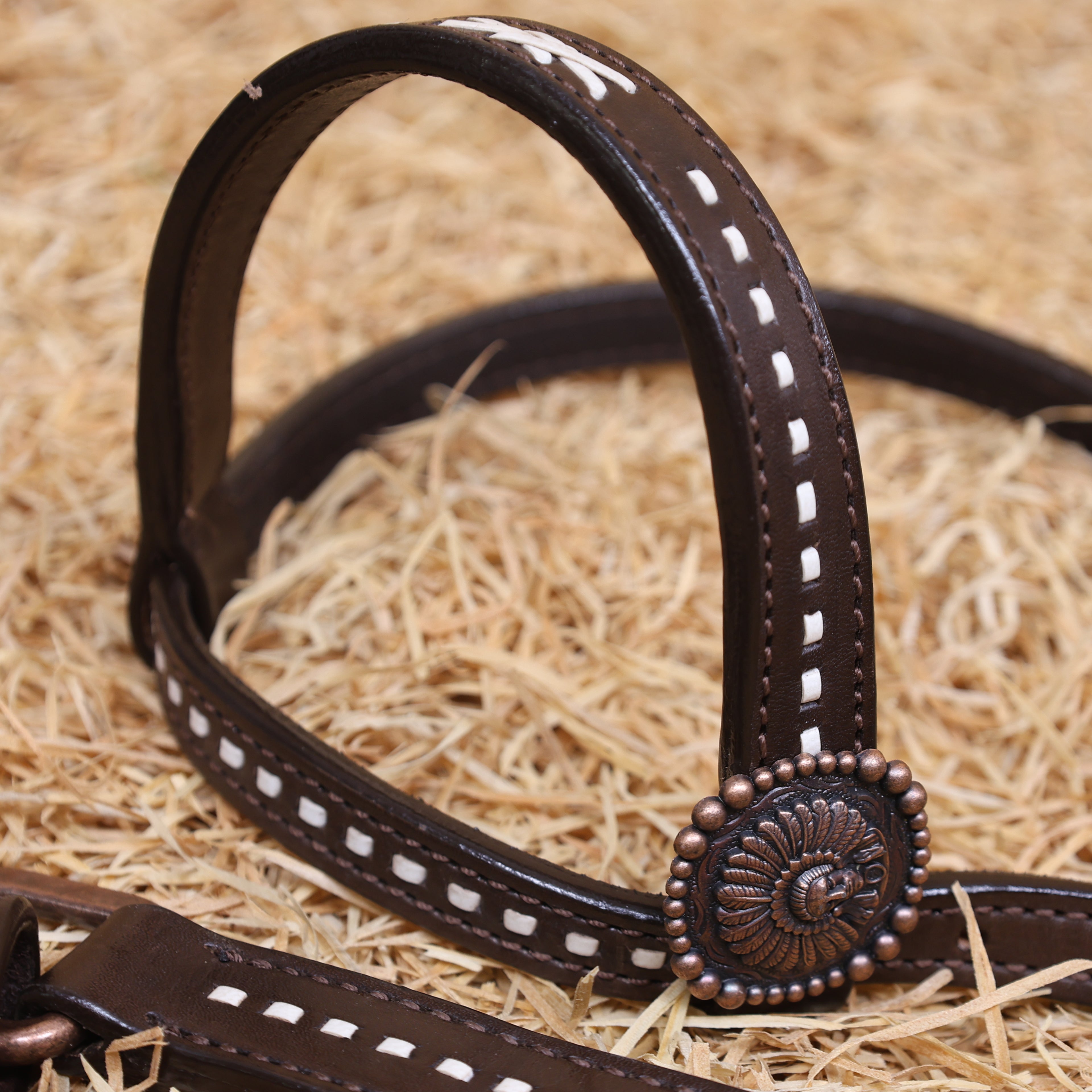 MOUSM Western Headstall Set – Handcrafted from Argentina Cow Leather with Aztec Inlay Breast Collar, Rawhide Buck Stitching Throughout & Native American Conchos