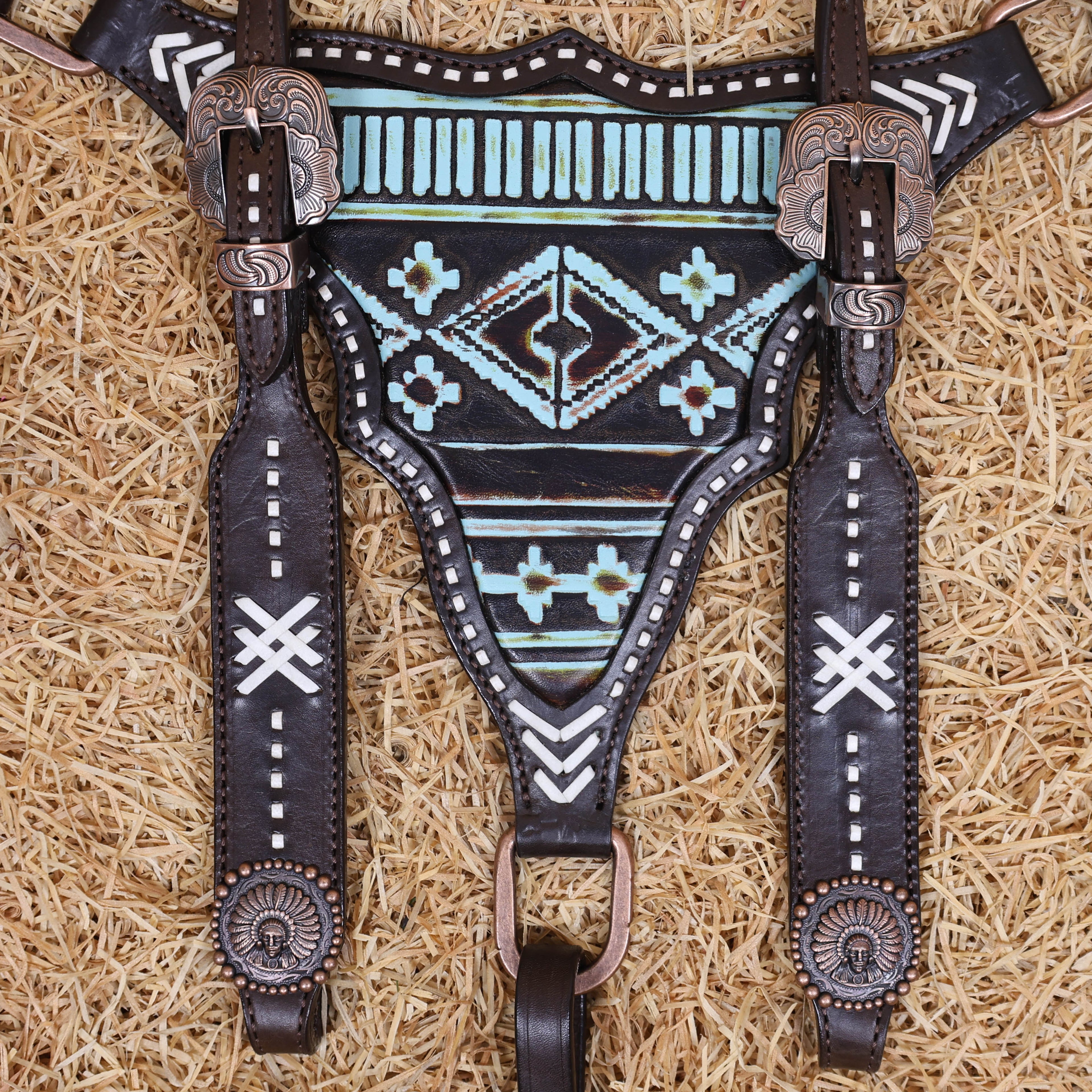 MOUSM Western Headstall Set – Handcrafted from Argentina Cow Leather with Aztec Inlay Breast Collar, Rawhide Buck Stitching Throughout & Native American Conchos