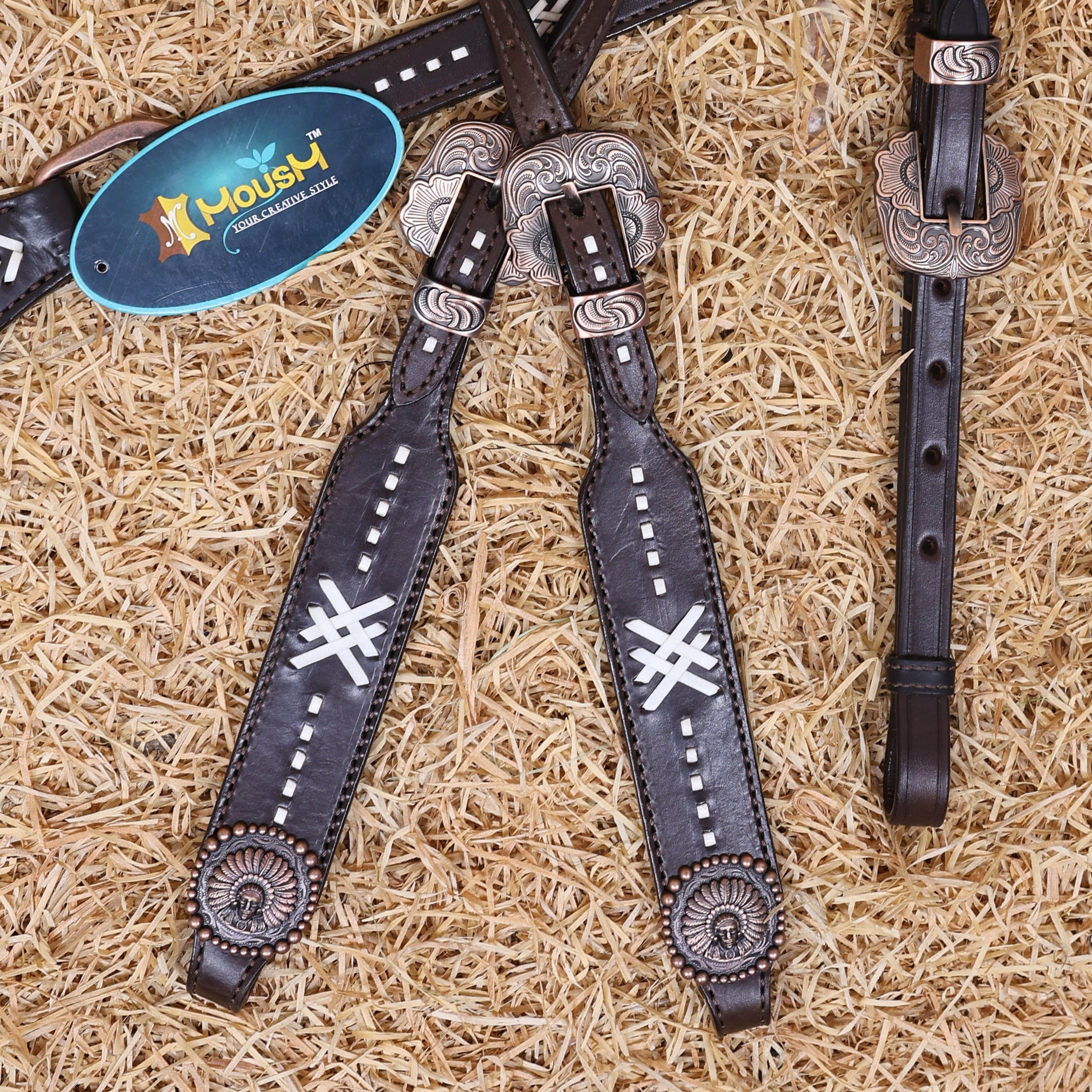 MOUSM Western Headstall Set – Handcrafted from Argentina Cow Leather with Aztec Inlay Breast Collar, Rawhide Buck Stitching Throughout & Native American Conchos