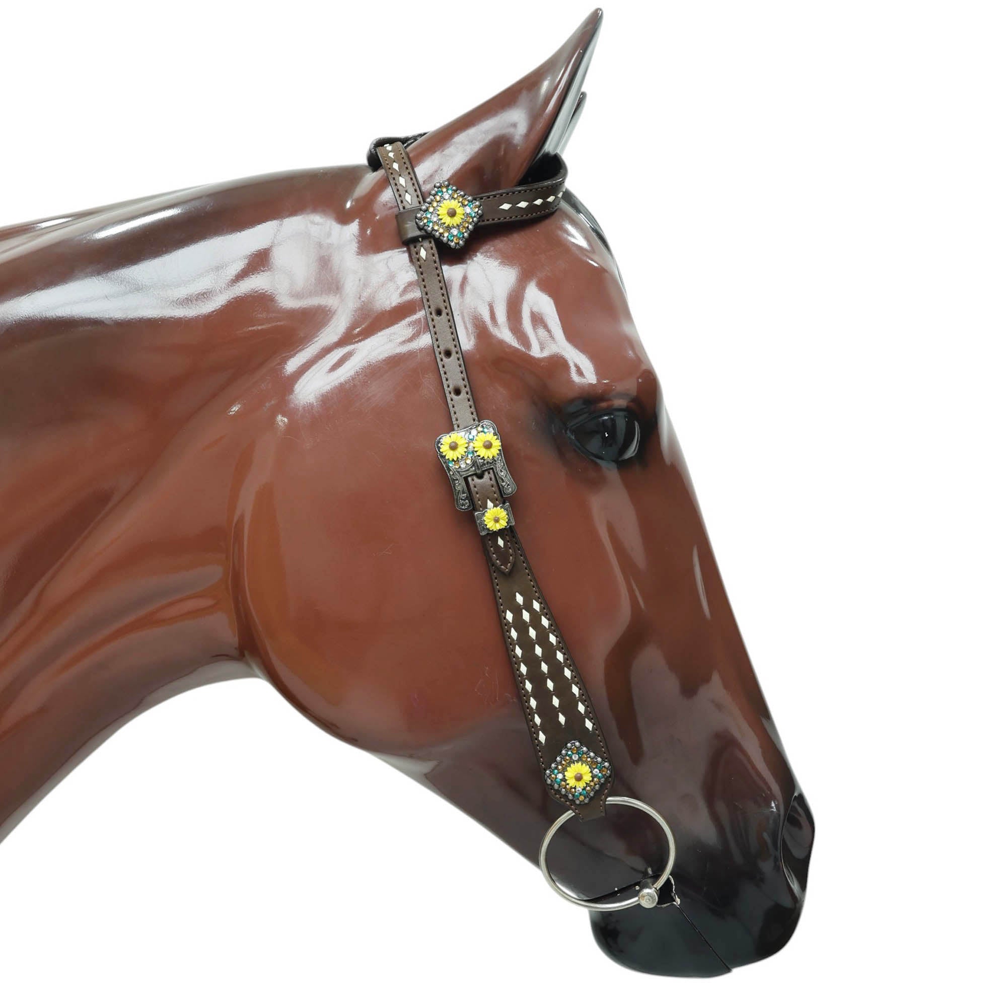 MOUSM Headstall and Breast Collar Set – Decorated with White Rawhide Buck Stitching on One-Ear Headstall, Cheek Piece & Breast Collar with Sunflower Conchos and Buckles