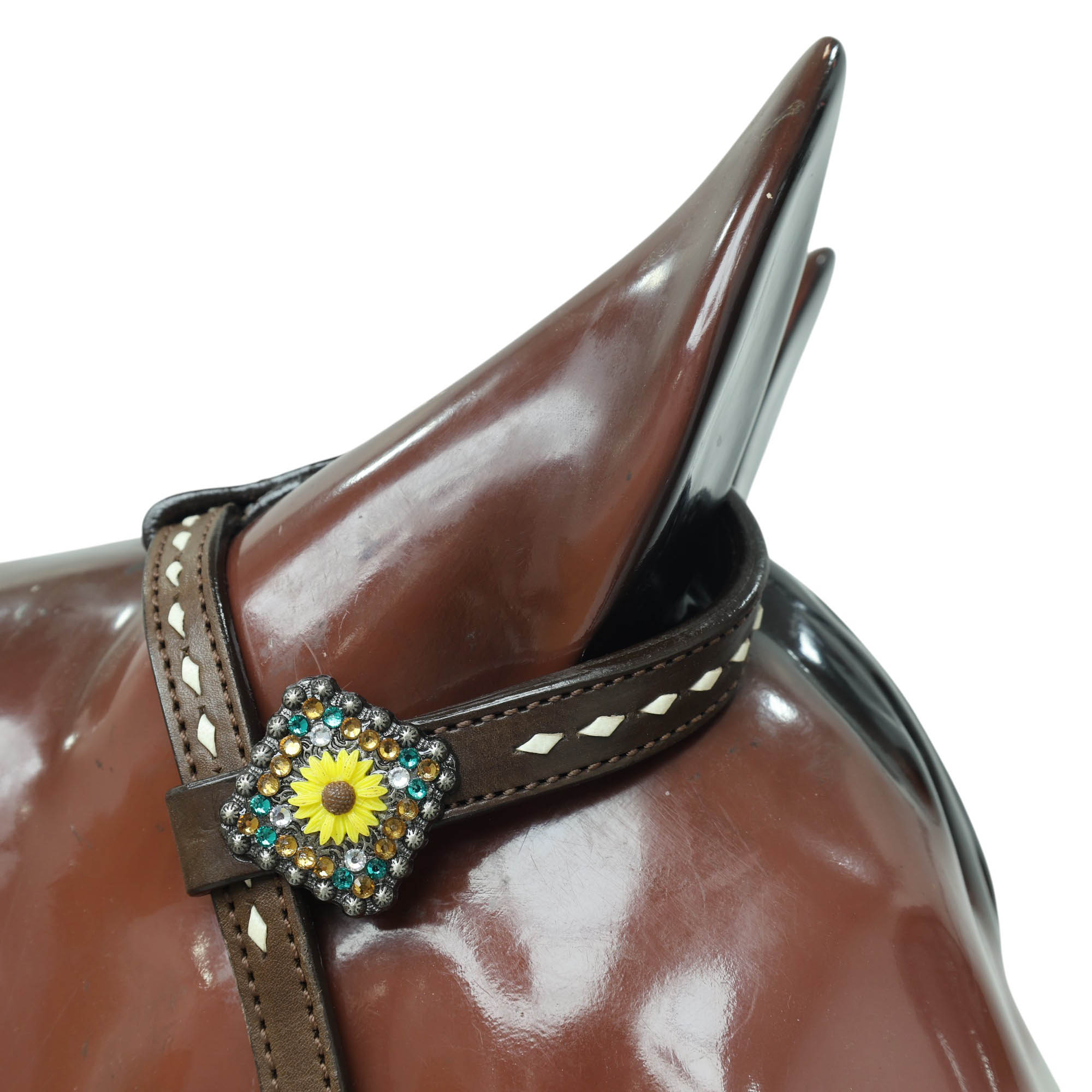 MOUSM Headstall and Breast Collar Set – Decorated with White Rawhide Buck Stitching on One-Ear Headstall, Cheek Piece & Breast Collar with Sunflower Conchos and Buckles