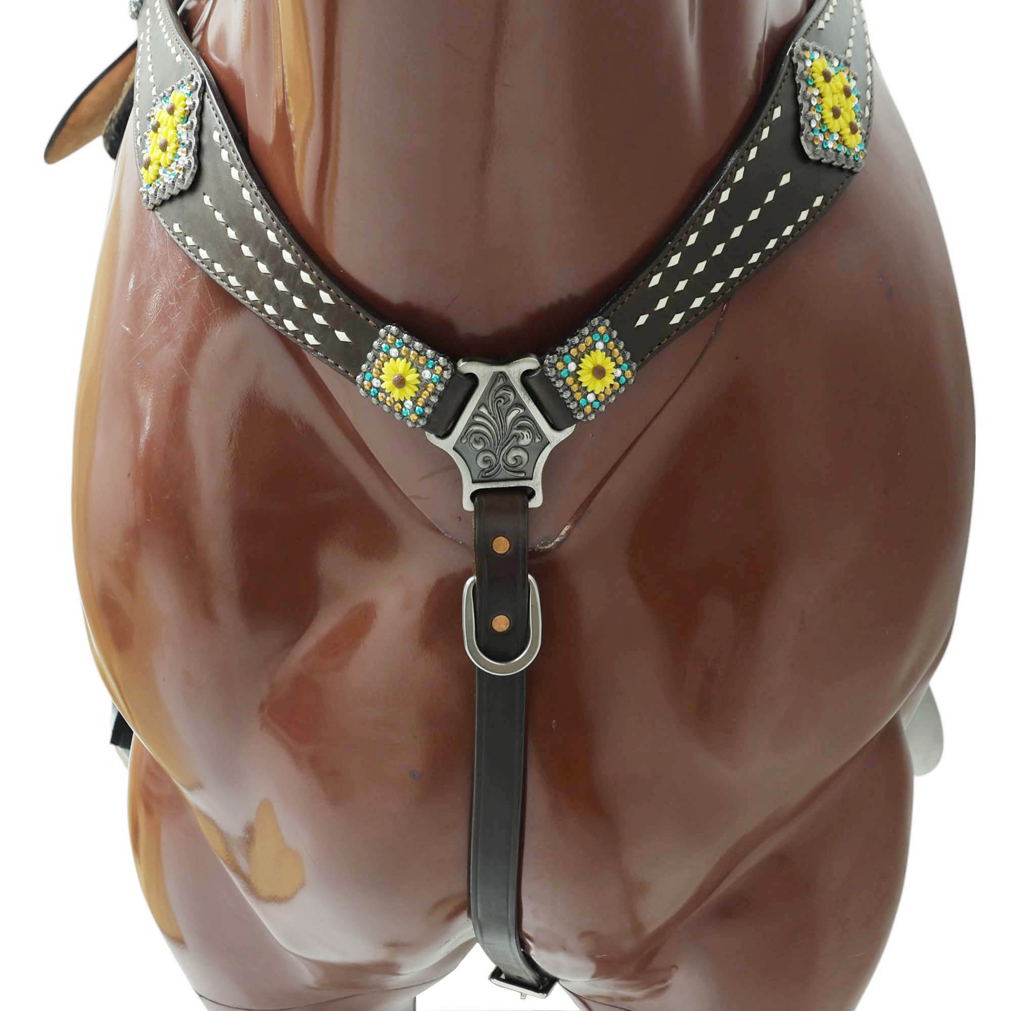MOUSM Headstall and Breast Collar Set – Decorated with White Rawhide Buck Stitching on One-Ear Headstall, Cheek Piece & Breast Collar with Sunflower Conchos and Buckles