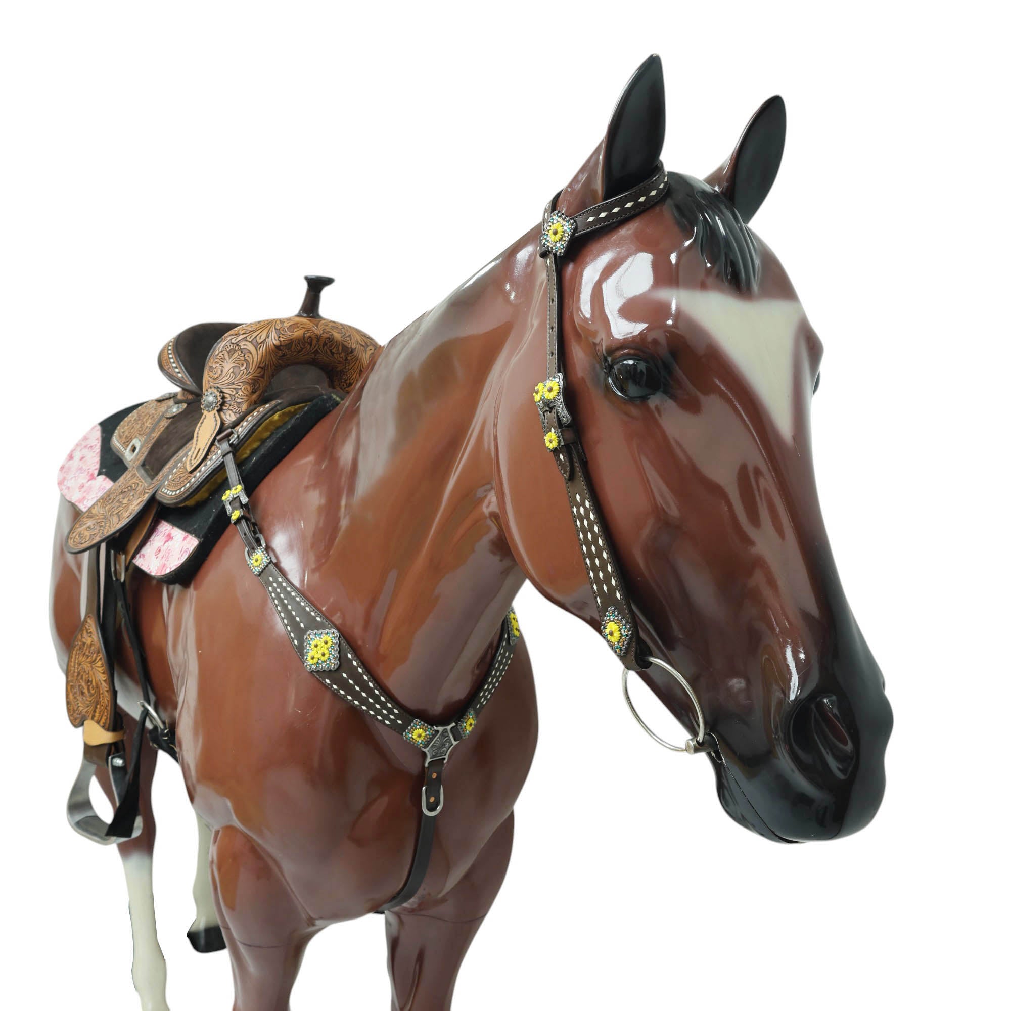 MOUSM Headstall and Breast Collar Set – Decorated with White Rawhide Buck Stitching on One-Ear Headstall, Cheek Piece & Breast Collar with Sunflower Conchos and Buckles