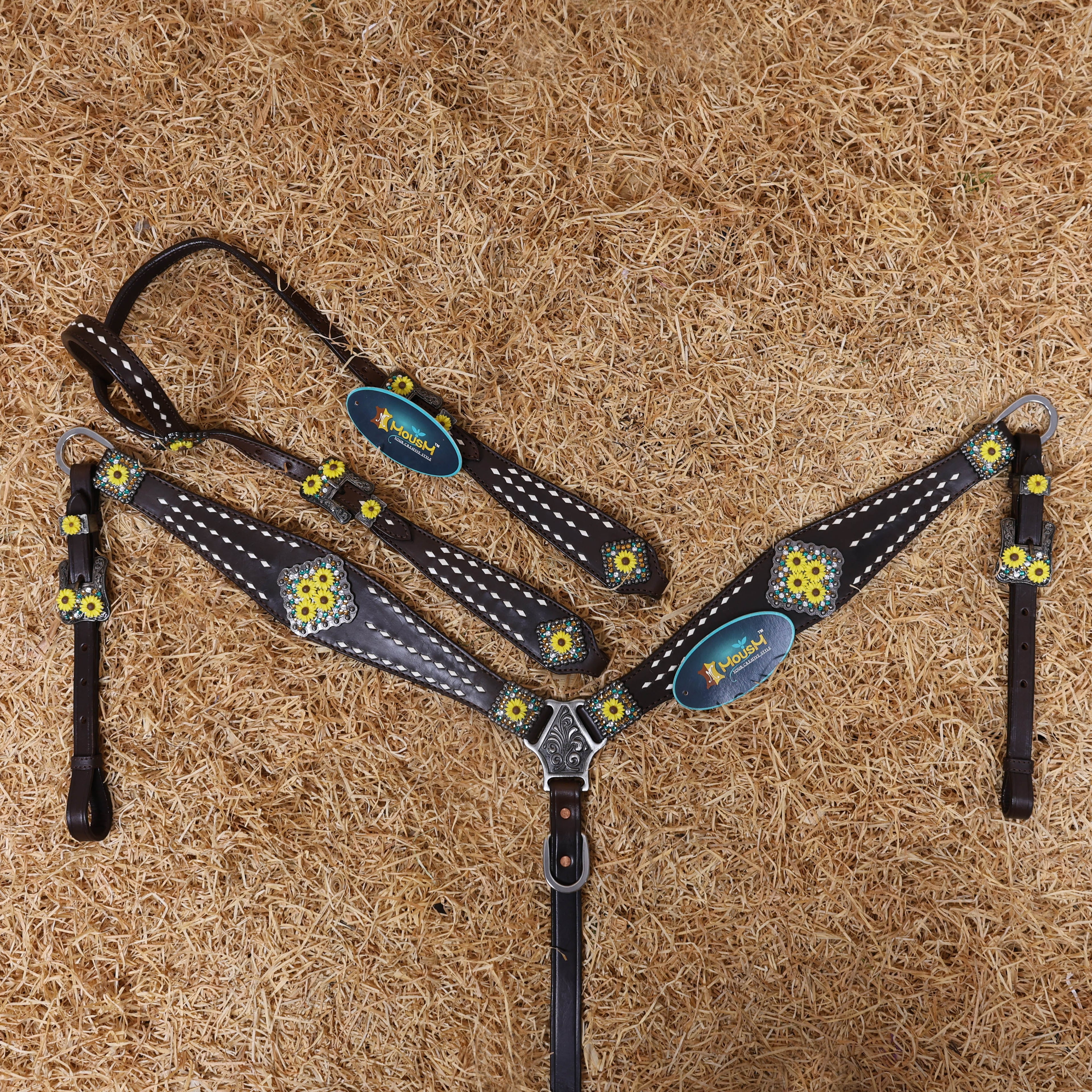 MOUSM Headstall and Breast Collar Set – Decorated with White Rawhide Buck Stitching on One-Ear Headstall, Cheek Piece & Breast Collar with Sunflower Conchos and Buckles