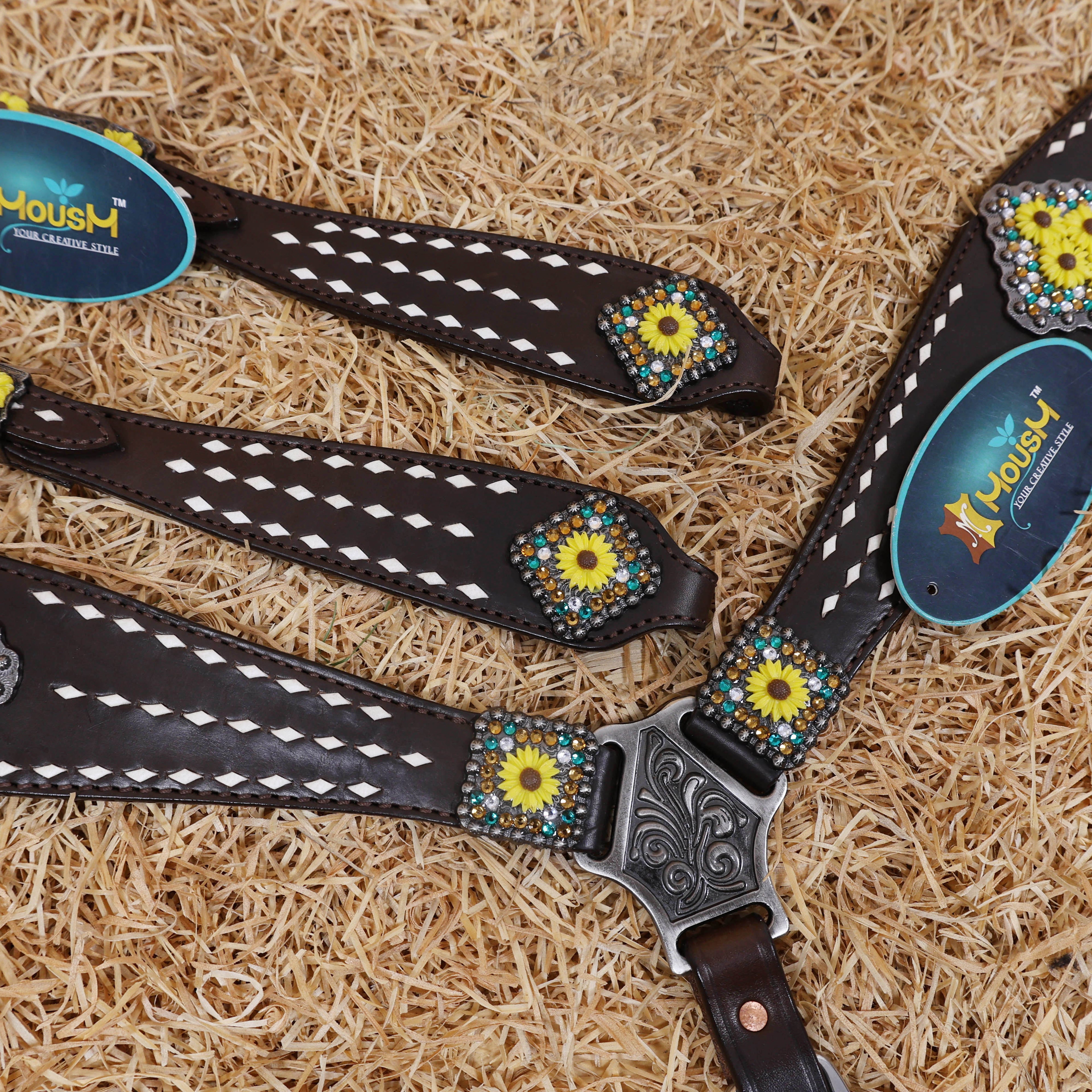 MOUSM Headstall and Breast Collar Set – Decorated with White Rawhide Buck Stitching on One-Ear Headstall, Cheek Piece & Breast Collar with Sunflower Conchos and Buckles