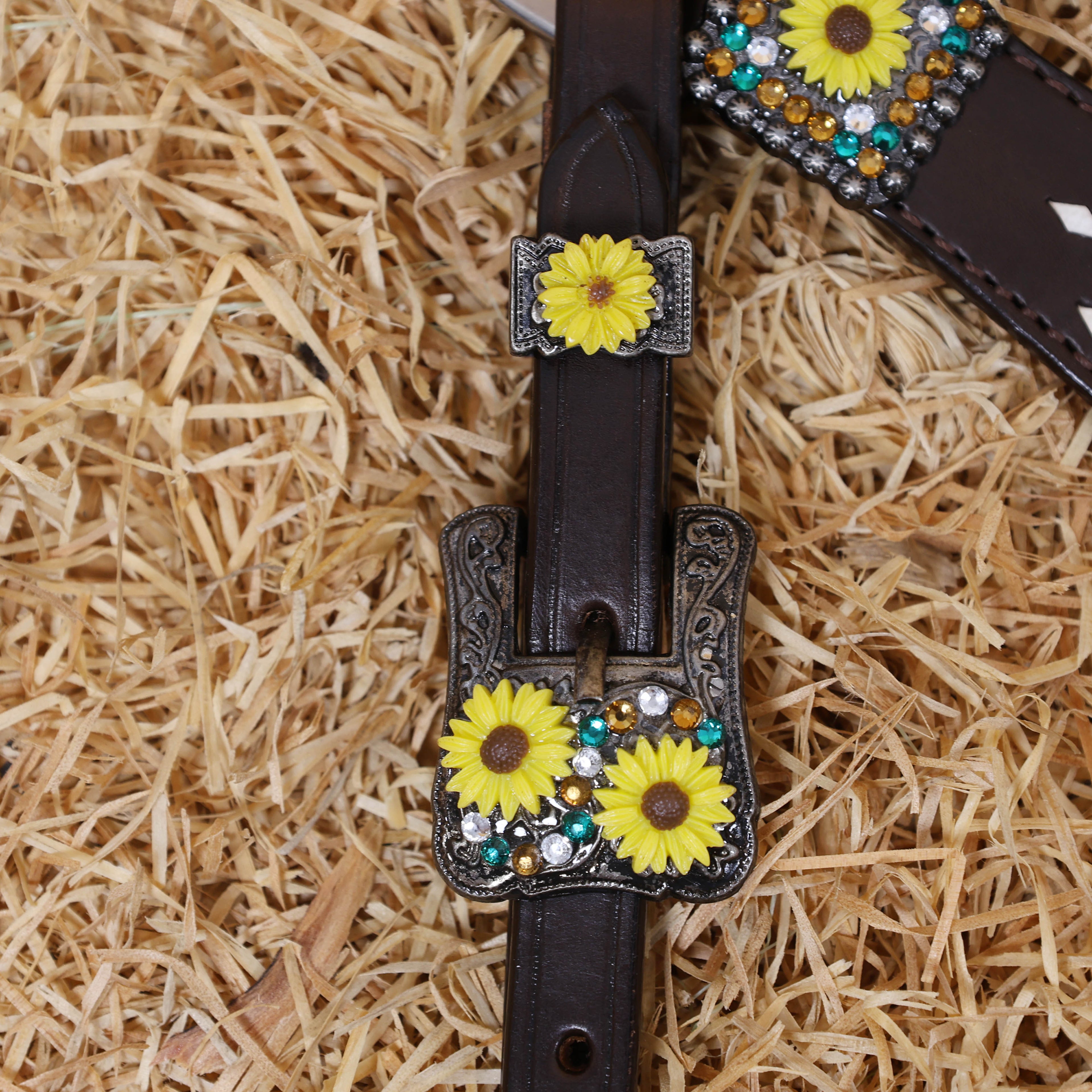 MOUSM Headstall and Breast Collar Set – Decorated with White Rawhide Buck Stitching on One-Ear Headstall, Cheek Piece & Breast Collar with Sunflower Conchos and Buckles