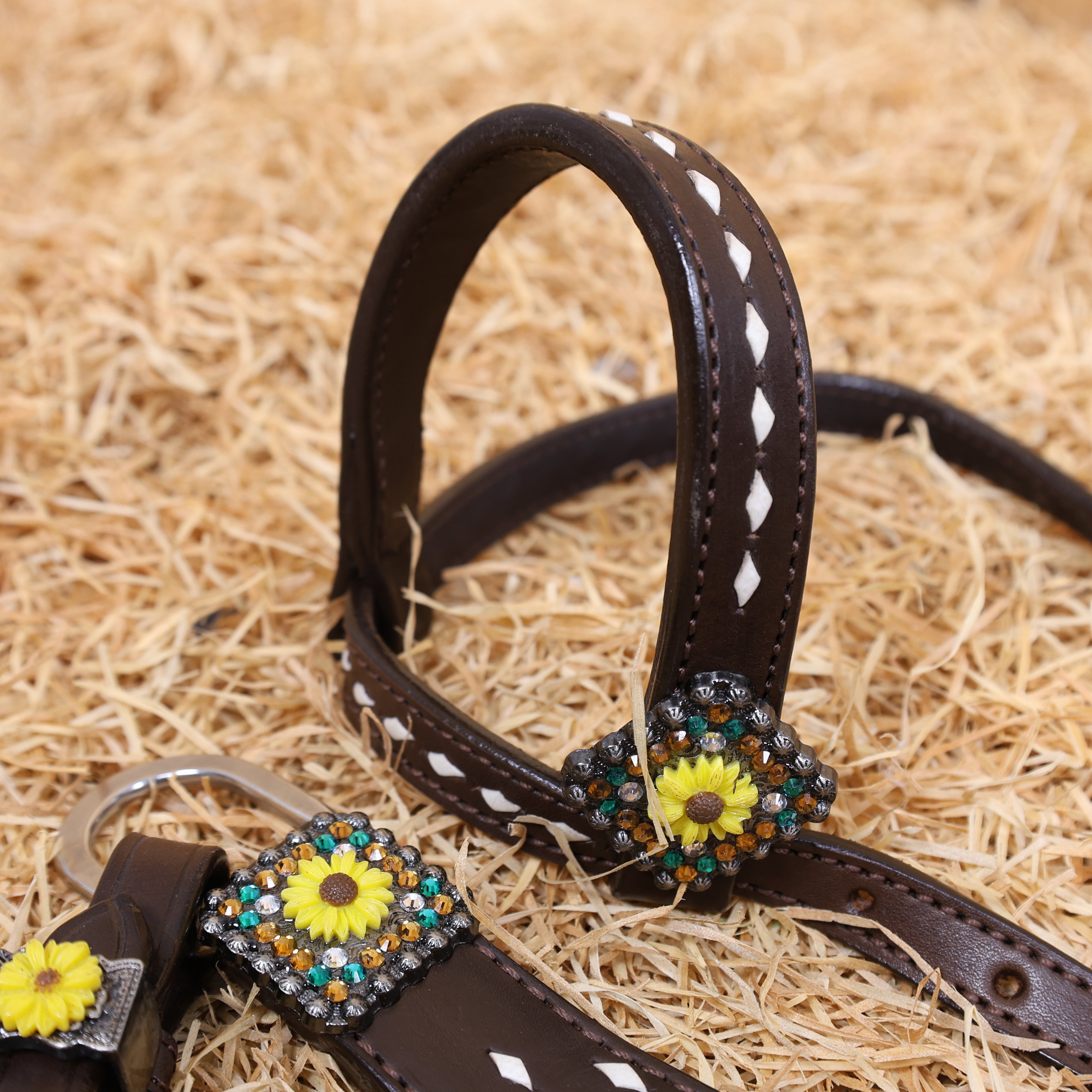 MOUSM Headstall and Breast Collar Set – Decorated with White Rawhide Buck Stitching on One-Ear Headstall, Cheek Piece & Breast Collar with Sunflower Conchos and Buckles