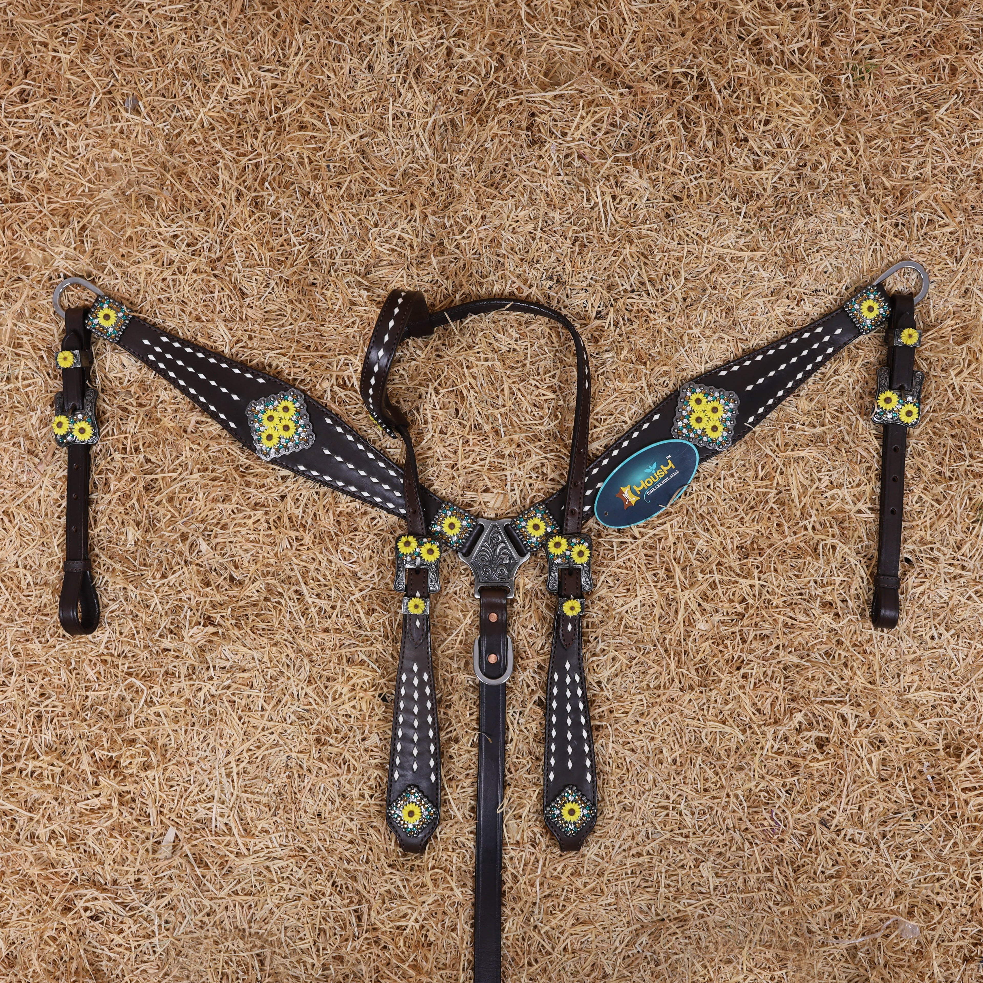 MOUSM Headstall and Breast Collar Set – Decorated with White Rawhide Buck Stitching on One-Ear Headstall, Cheek Piece & Breast Collar with Sunflower Conchos and Buckles