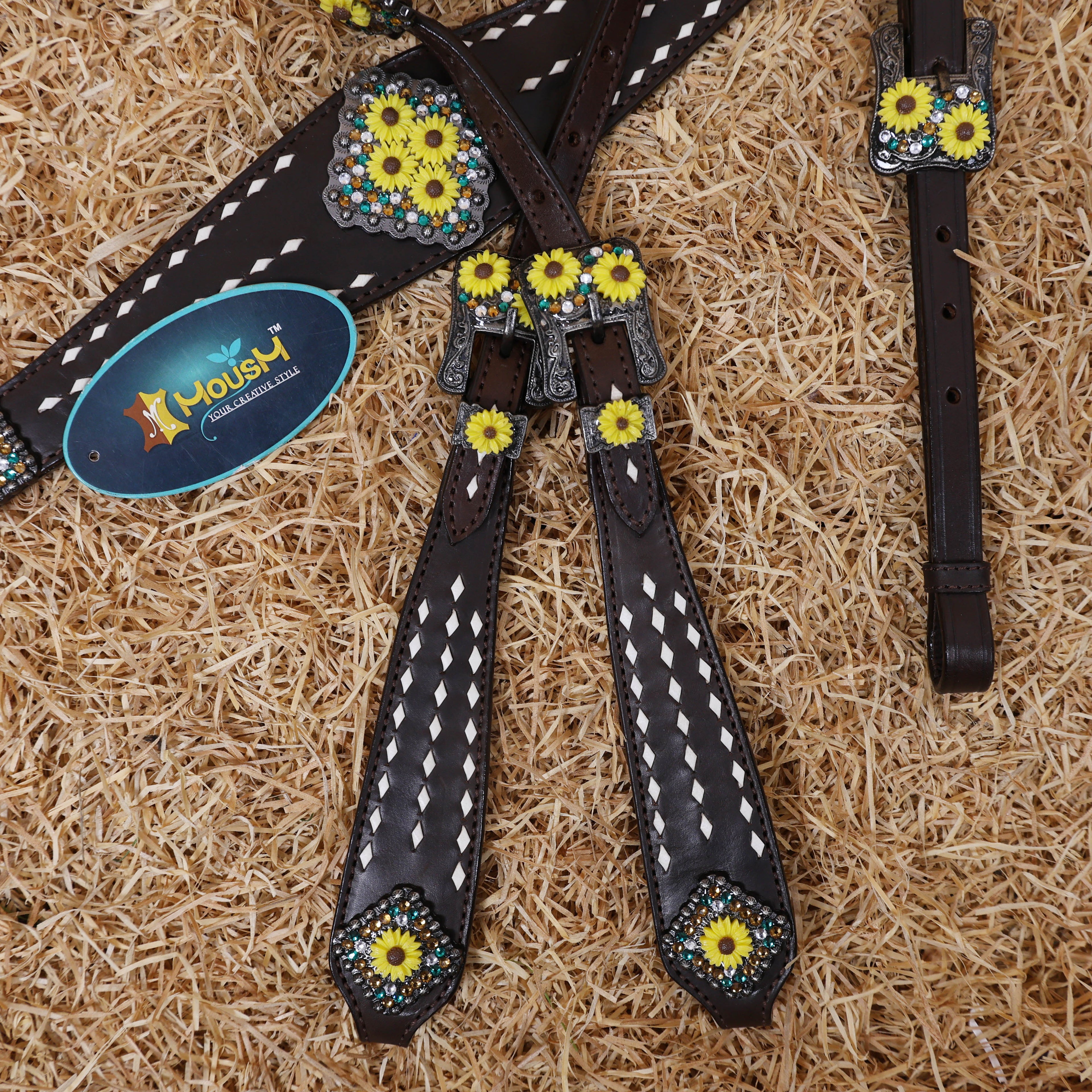 MOUSM Headstall and Breast Collar Set – Decorated with White Rawhide Buck Stitching on One-Ear Headstall, Cheek Piece & Breast Collar with Sunflower Conchos and Buckles