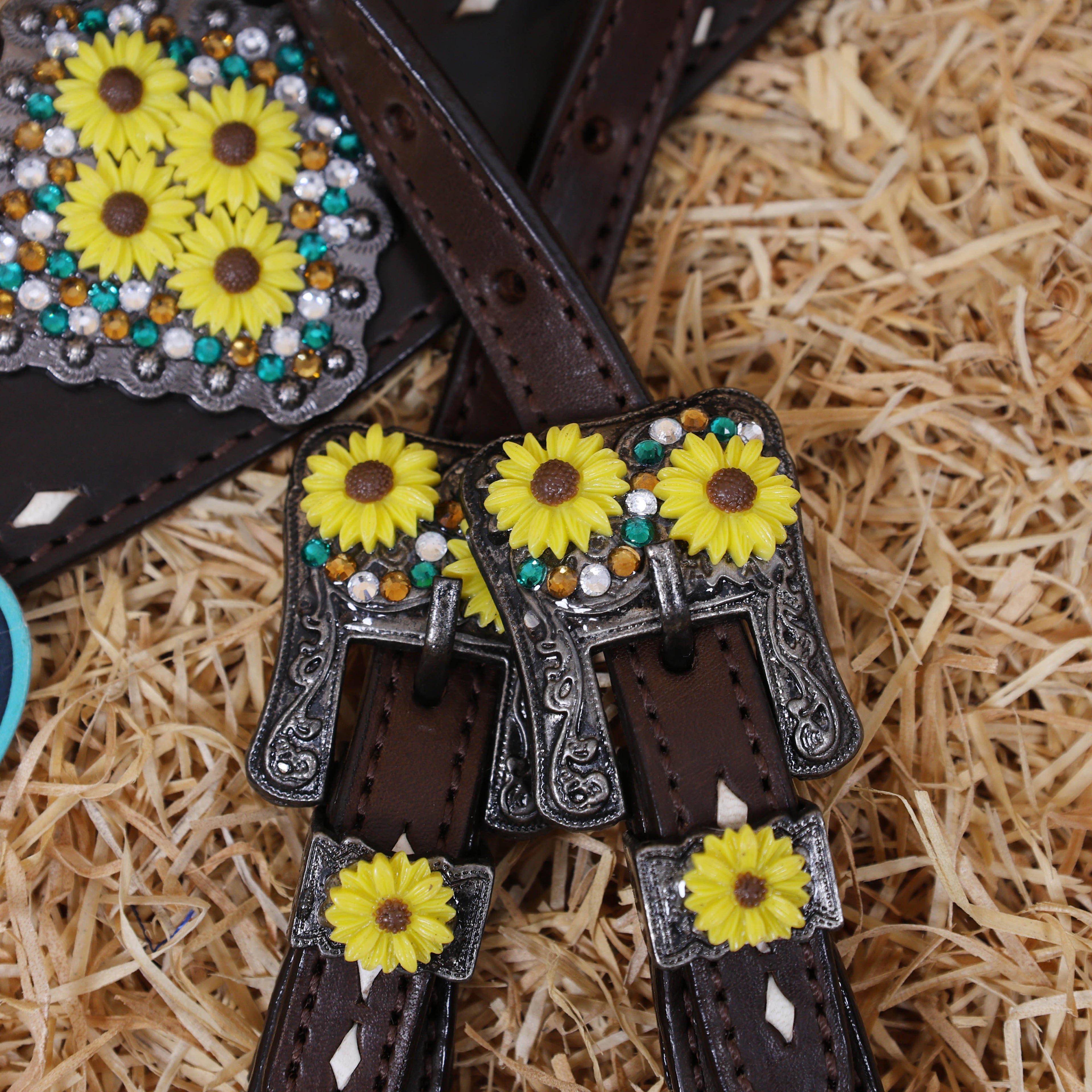 MOUSM Headstall and Breast Collar Set – Decorated with White Rawhide Buck Stitching on One-Ear Headstall, Cheek Piece & Breast Collar with Sunflower Conchos and Buckles