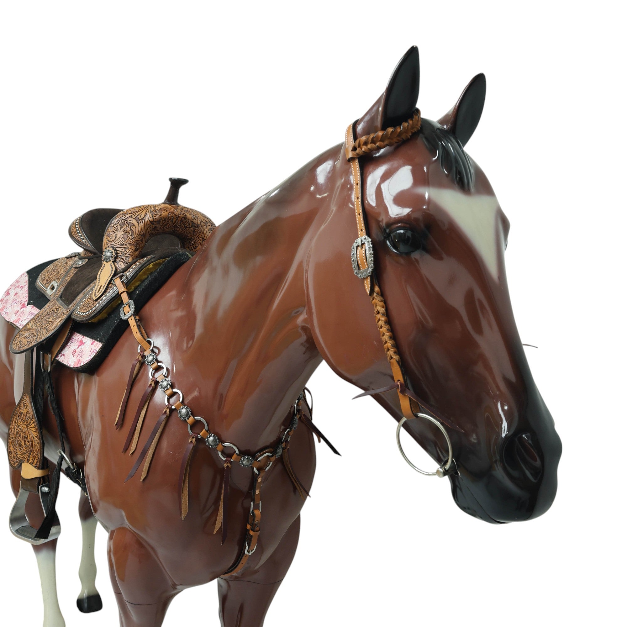 MOUSM Western Headstall and Breast Collar Set – Handcrafted from Genuine Argentina Cow Leather with Braided One-Ear Headstall & Cheek Piece, Stainless Steel Rings Breast Collar, Leather Strings & Congress Conchos