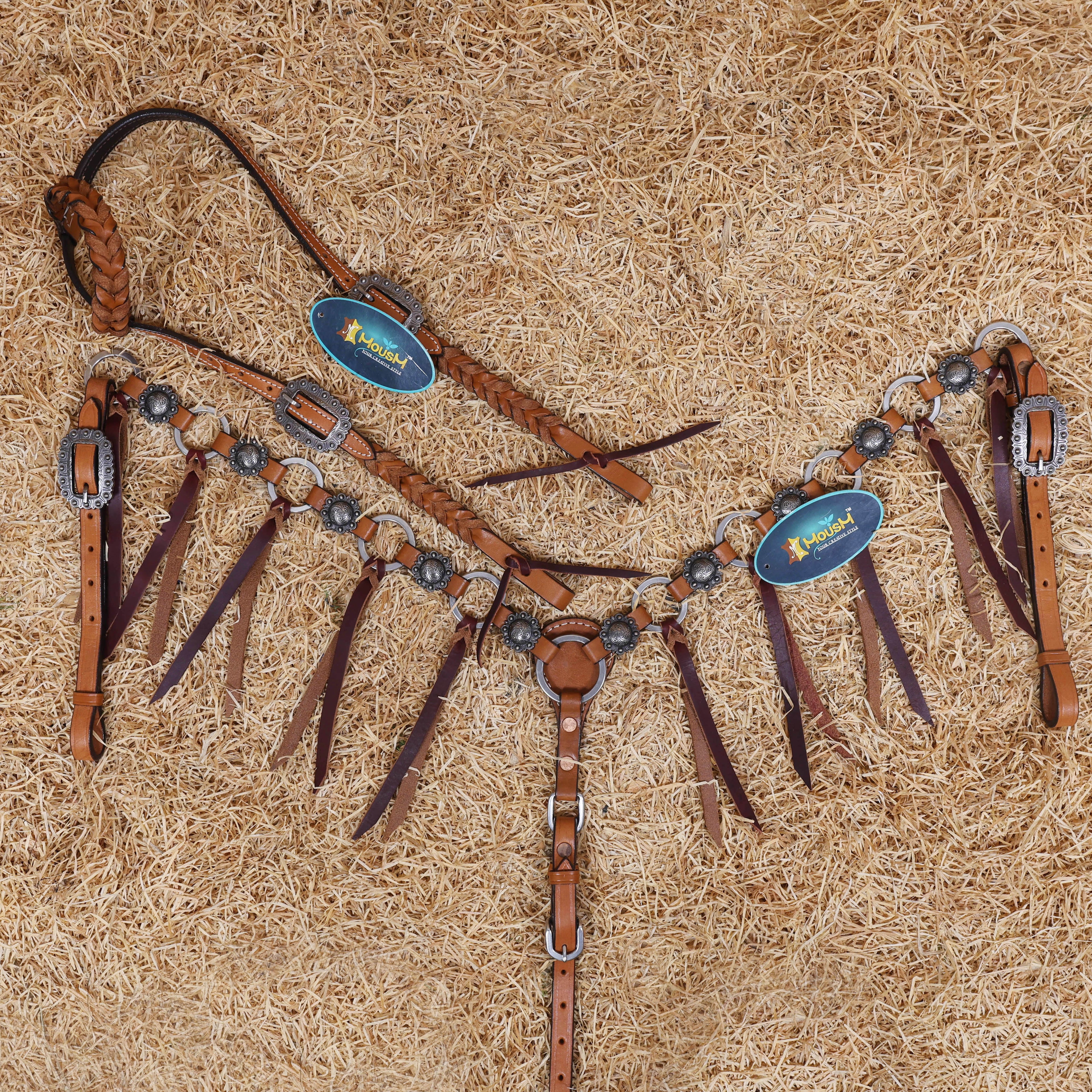 MOUSM Western Headstall and Breast Collar Set – Handcrafted from Genuine Argentina Cow Leather with Braided One-Ear Headstall & Cheek Piece, Stainless Steel Rings Breast Collar, Leather Strings & Congress Conchos