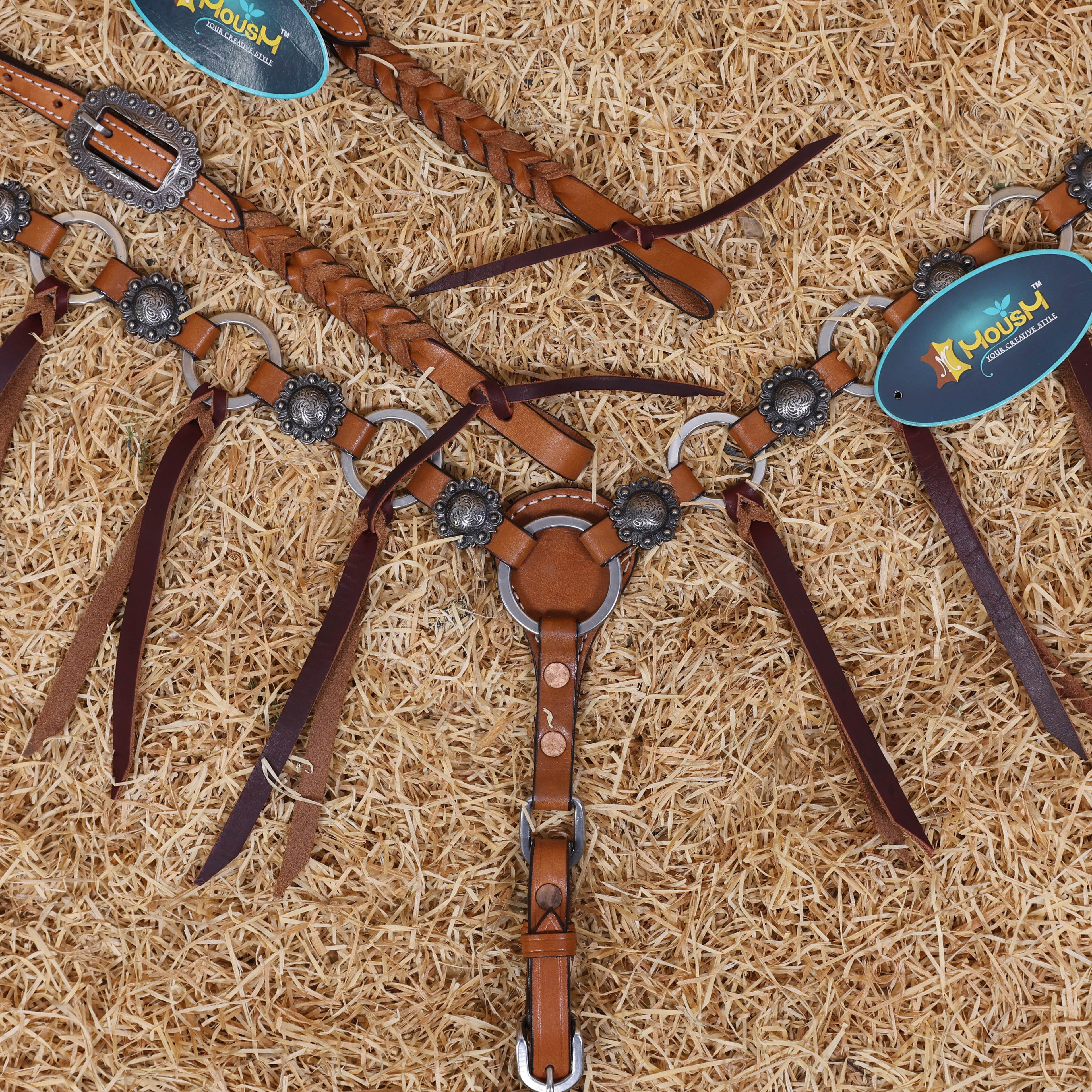 MOUSM Western Headstall and Breast Collar Set – Handcrafted from Genuine Argentina Cow Leather with Braided One-Ear Headstall & Cheek Piece, Stainless Steel Rings Breast Collar, Leather Strings & Congress Conchos