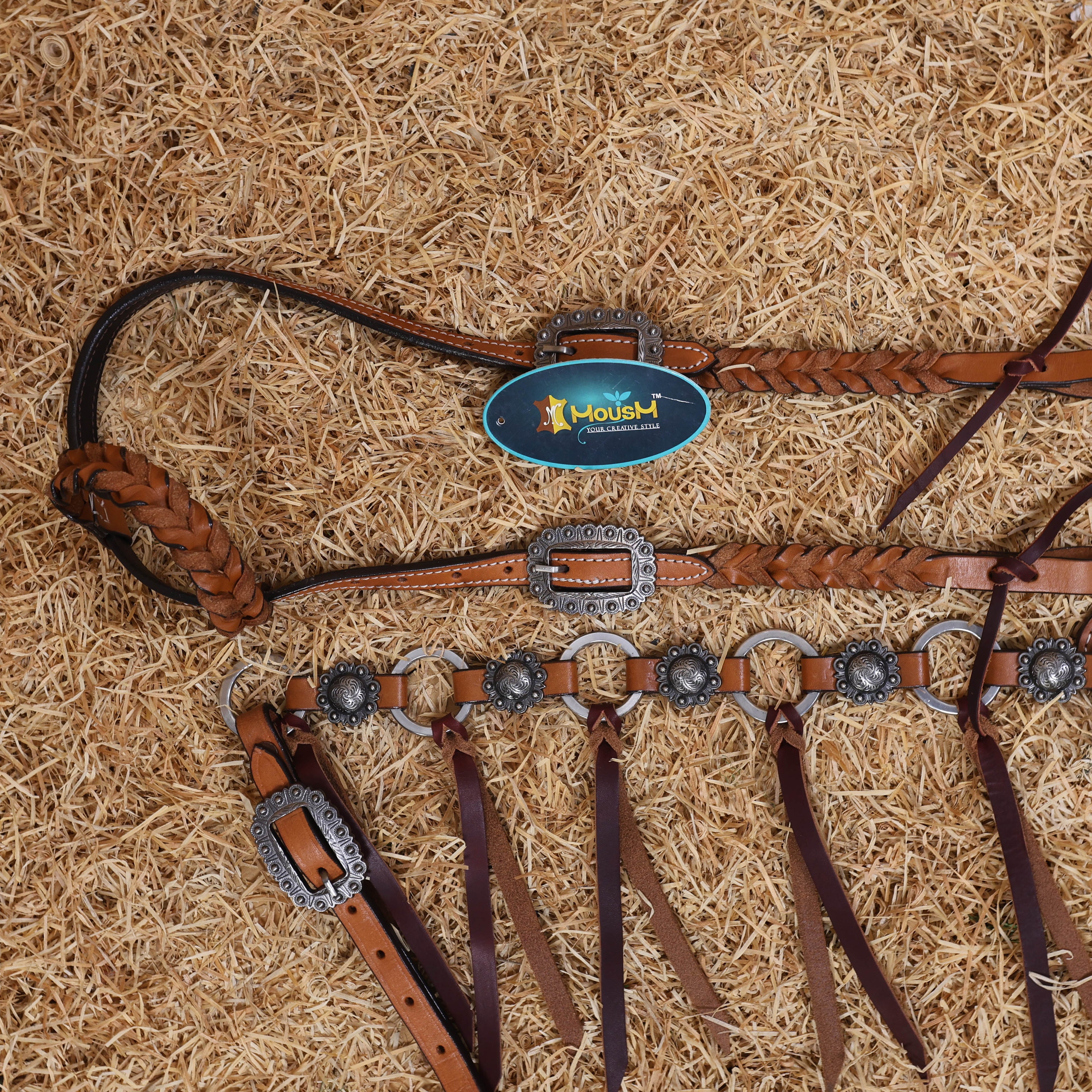 MOUSM Western Headstall and Breast Collar Set – Handcrafted from Genuine Argentina Cow Leather with Braided One-Ear Headstall & Cheek Piece, Stainless Steel Rings Breast Collar, Leather Strings & Congress Conchos