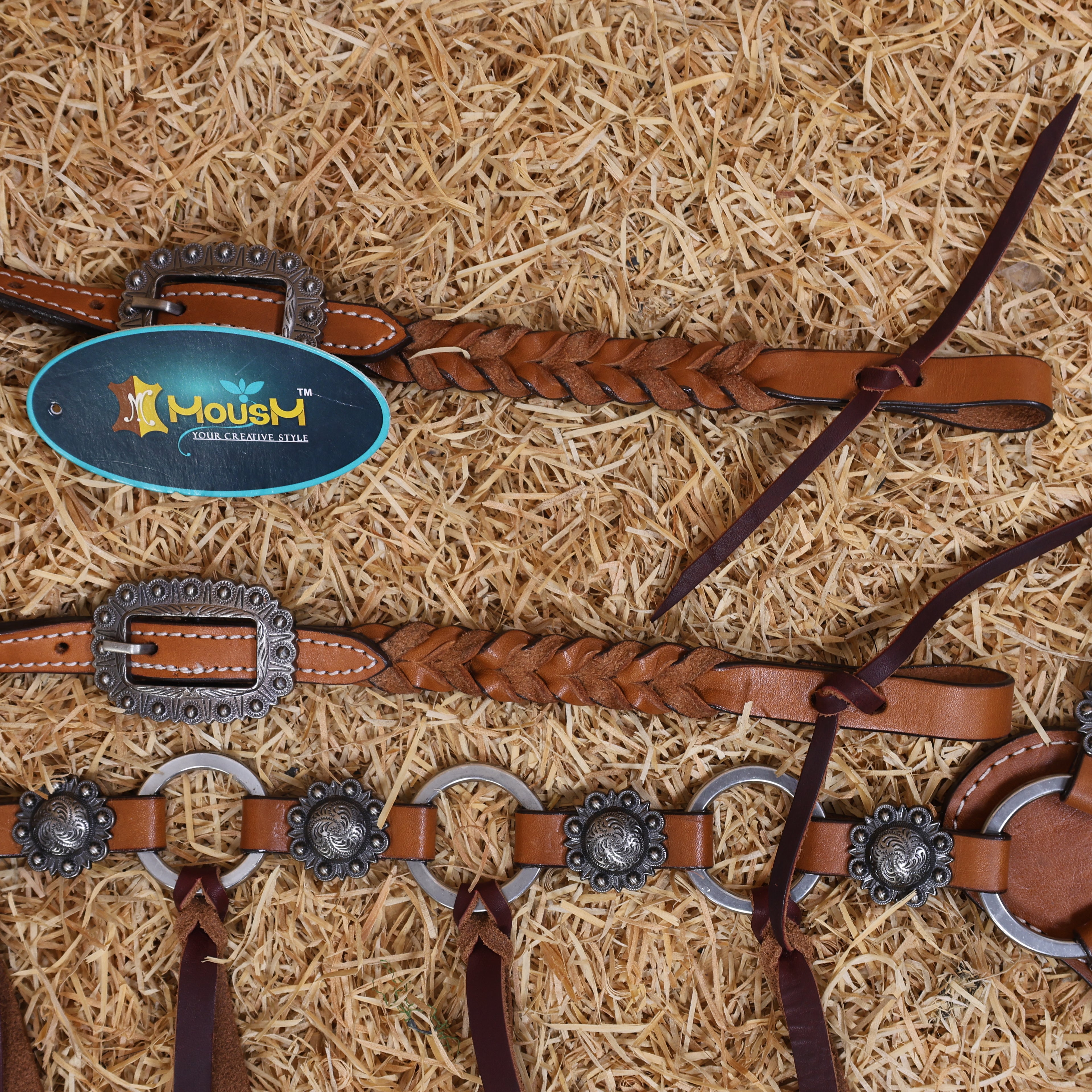 MOUSM Western Headstall and Breast Collar Set – Handcrafted from Genuine Argentina Cow Leather with Braided One-Ear Headstall & Cheek Piece, Stainless Steel Rings Breast Collar, Leather Strings & Congress Conchos