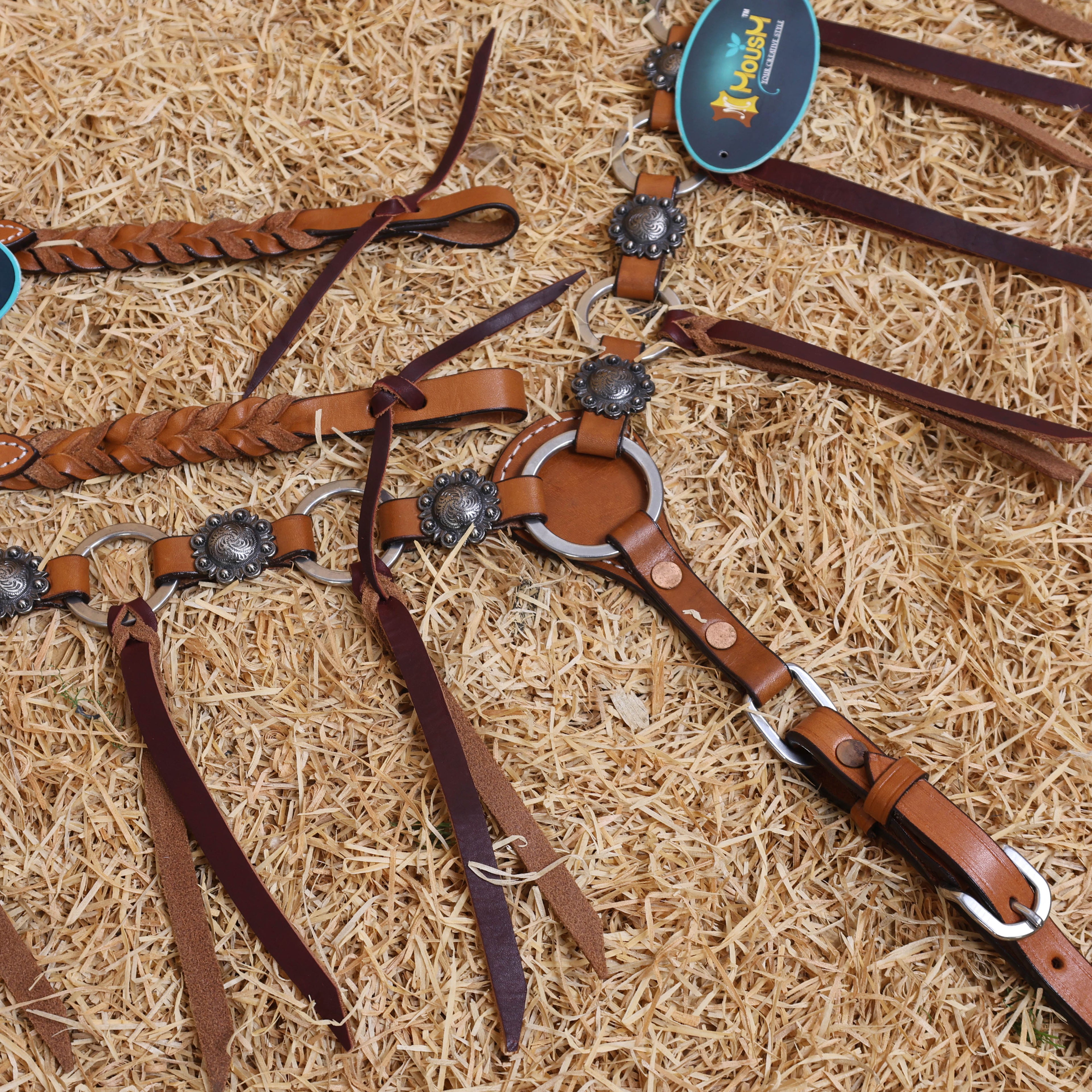 MOUSM Western Headstall and Breast Collar Set – Handcrafted from Genuine Argentina Cow Leather with Braided One-Ear Headstall & Cheek Piece, Stainless Steel Rings Breast Collar, Leather Strings & Congress Conchos