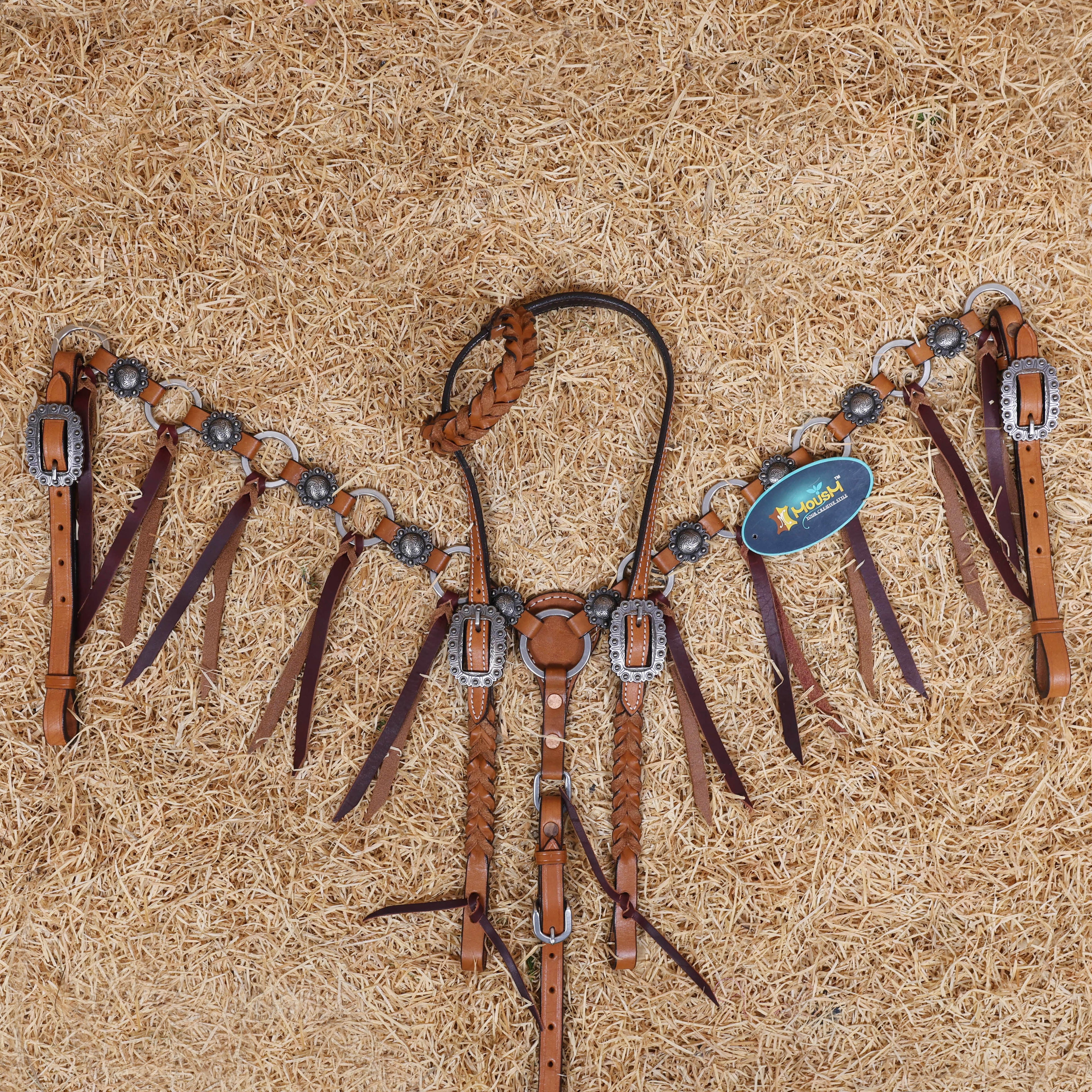 MOUSM Western Headstall and Breast Collar Set – Handcrafted from Genuine Argentina Cow Leather with Braided One-Ear Headstall & Cheek Piece, Stainless Steel Rings Breast Collar, Leather Strings & Congress Conchos