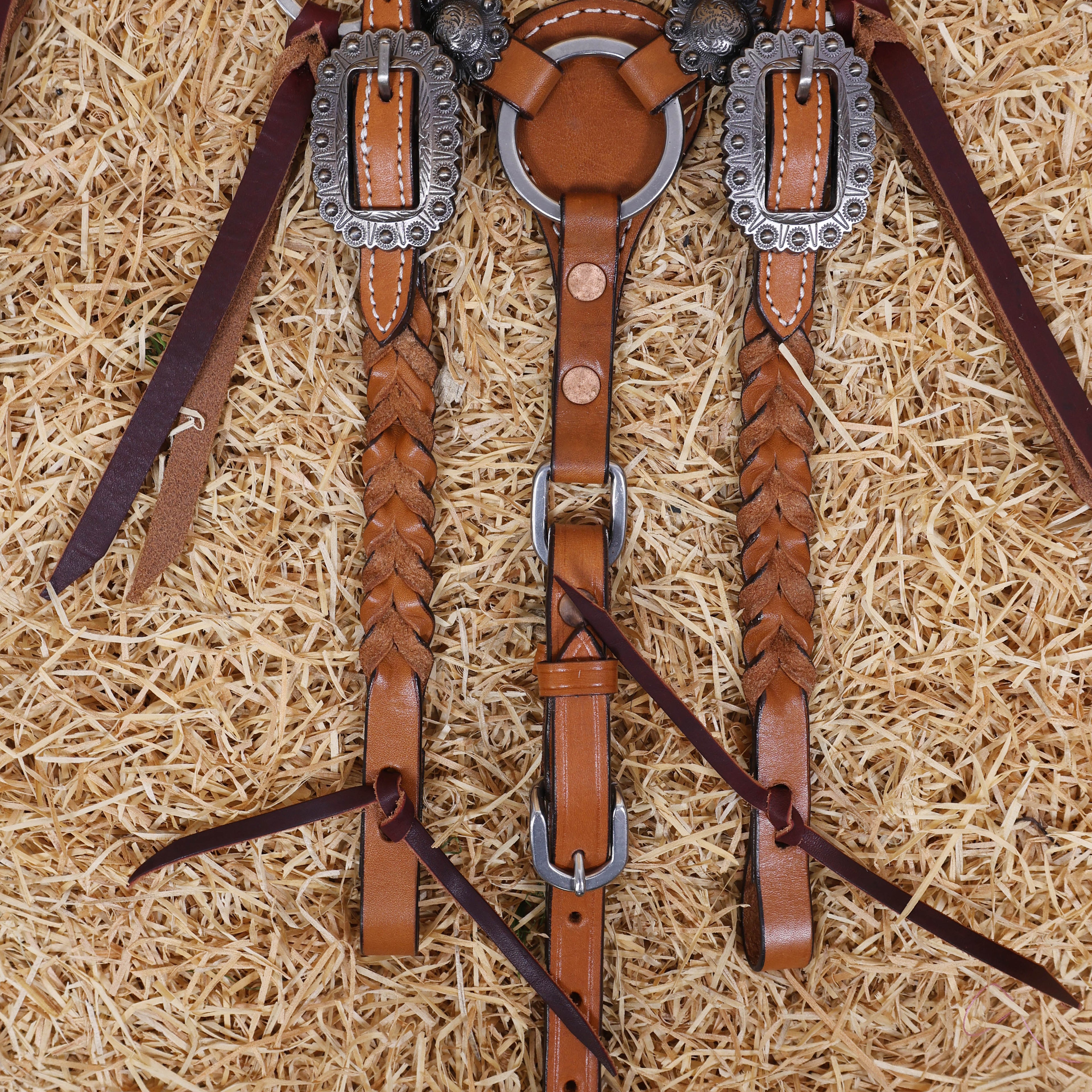 MOUSM Western Headstall and Breast Collar Set – Handcrafted from Genuine Argentina Cow Leather with Braided One-Ear Headstall & Cheek Piece, Stainless Steel Rings Breast Collar, Leather Strings & Congress Conchos