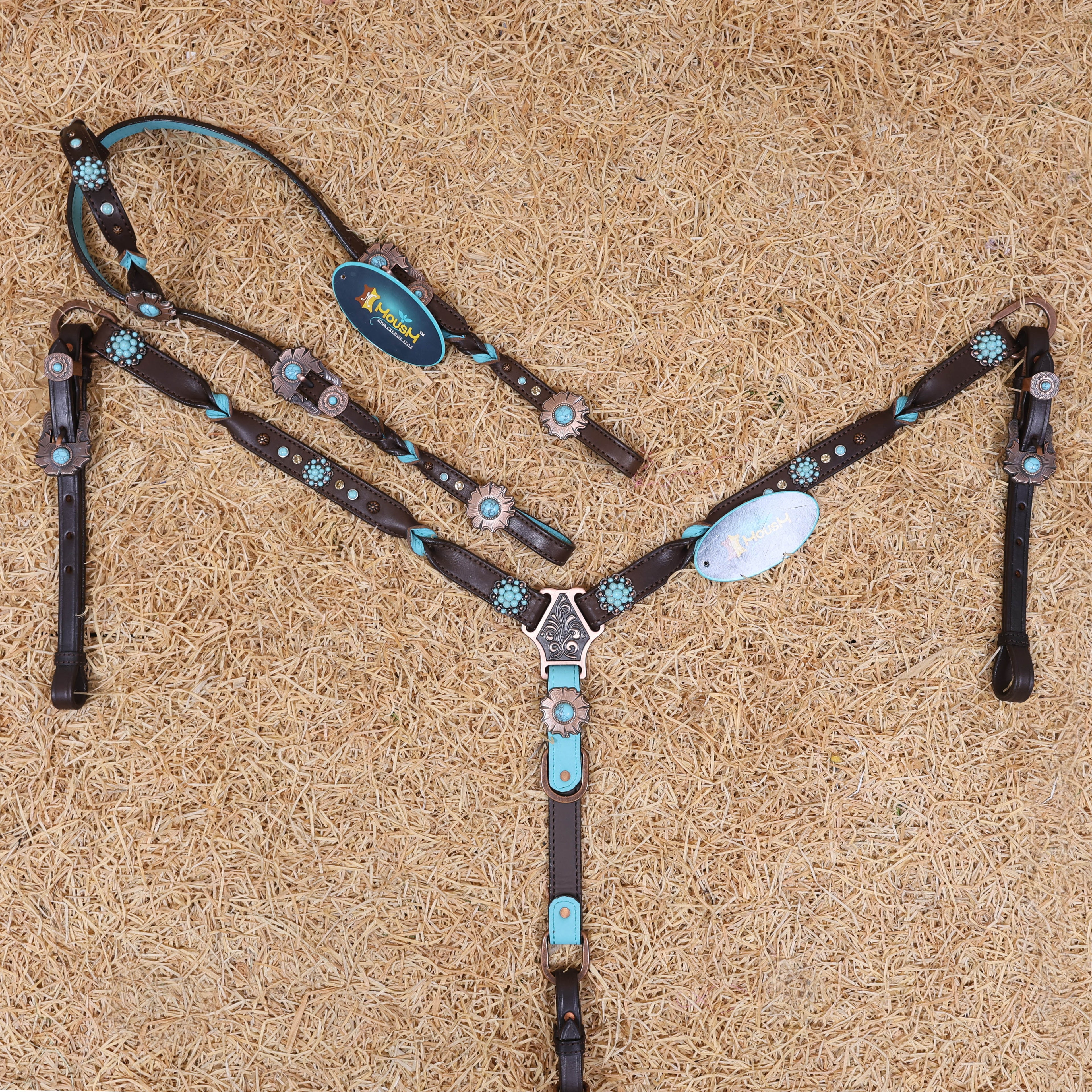 MOUSM Western Headstall and Breast Collar Set – Handcrafted from Argentina Cow Leather with Twisted Knot One-Ear Headstall, Cheekpiece, and Breast Collar, Berry Conchos with Turquoise Stones, Flower Conchos & Flower Buckles with Center Turquoise Stone