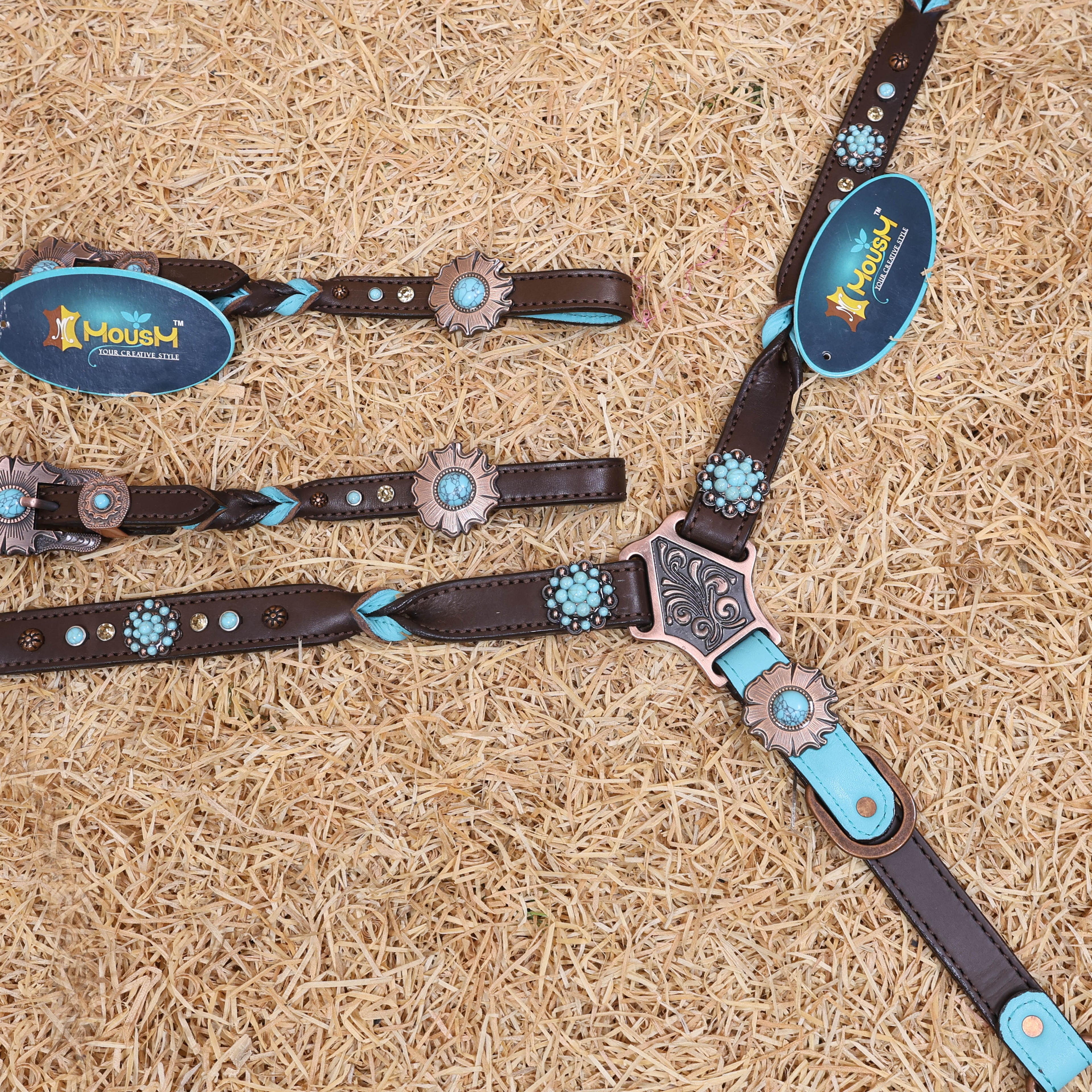 MOUSM Western Headstall and Breast Collar Set – Handcrafted from Argentina Cow Leather with Twisted Knot One-Ear Headstall, Cheekpiece, and Breast Collar, Berry Conchos with Turquoise Stones, Flower Conchos & Flower Buckles with Center Turquoise Stone