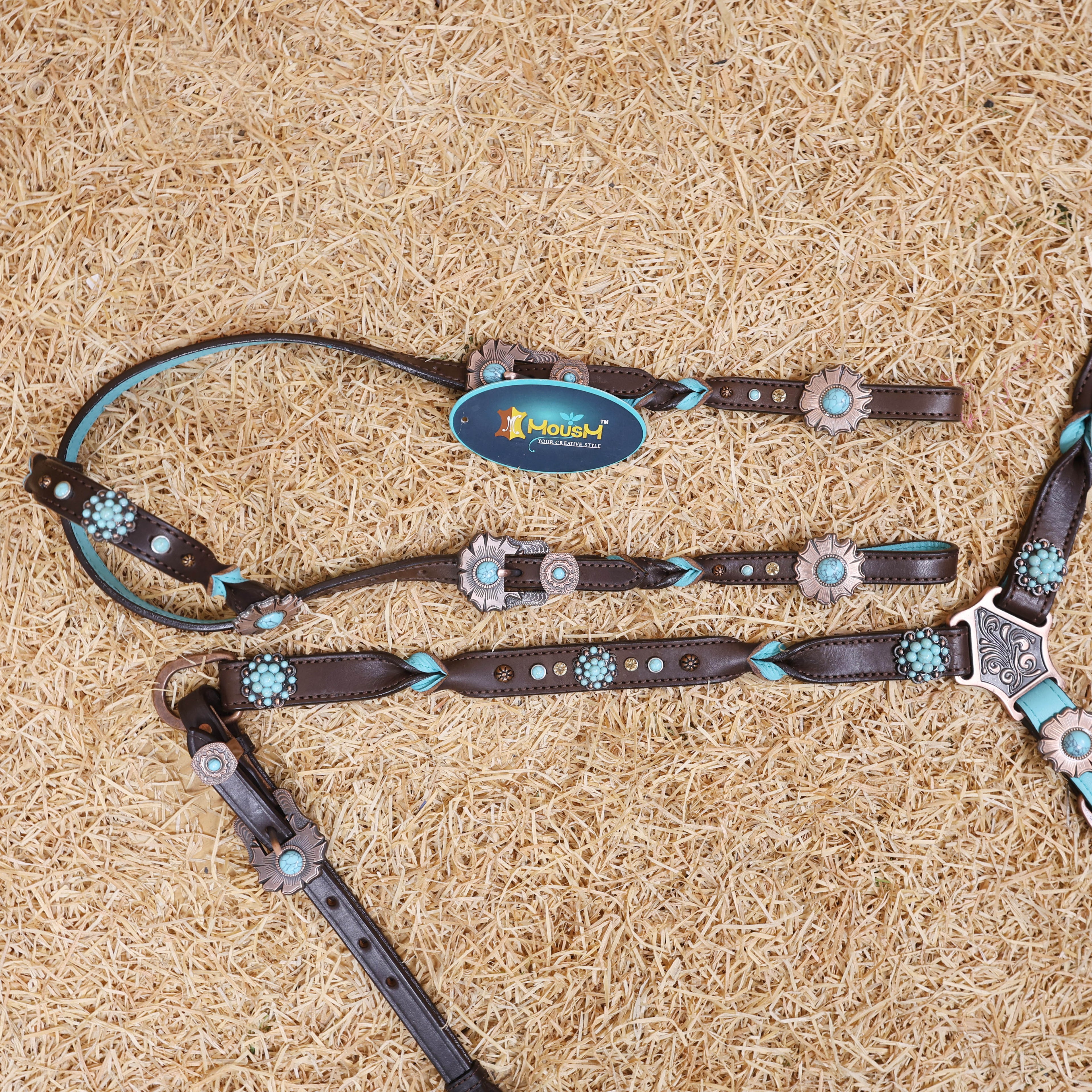 MOUSM Western Headstall and Breast Collar Set – Handcrafted from Argentina Cow Leather with Twisted Knot One-Ear Headstall, Cheekpiece, and Breast Collar, Berry Conchos with Turquoise Stones, Flower Conchos & Flower Buckles with Center Turquoise Stone