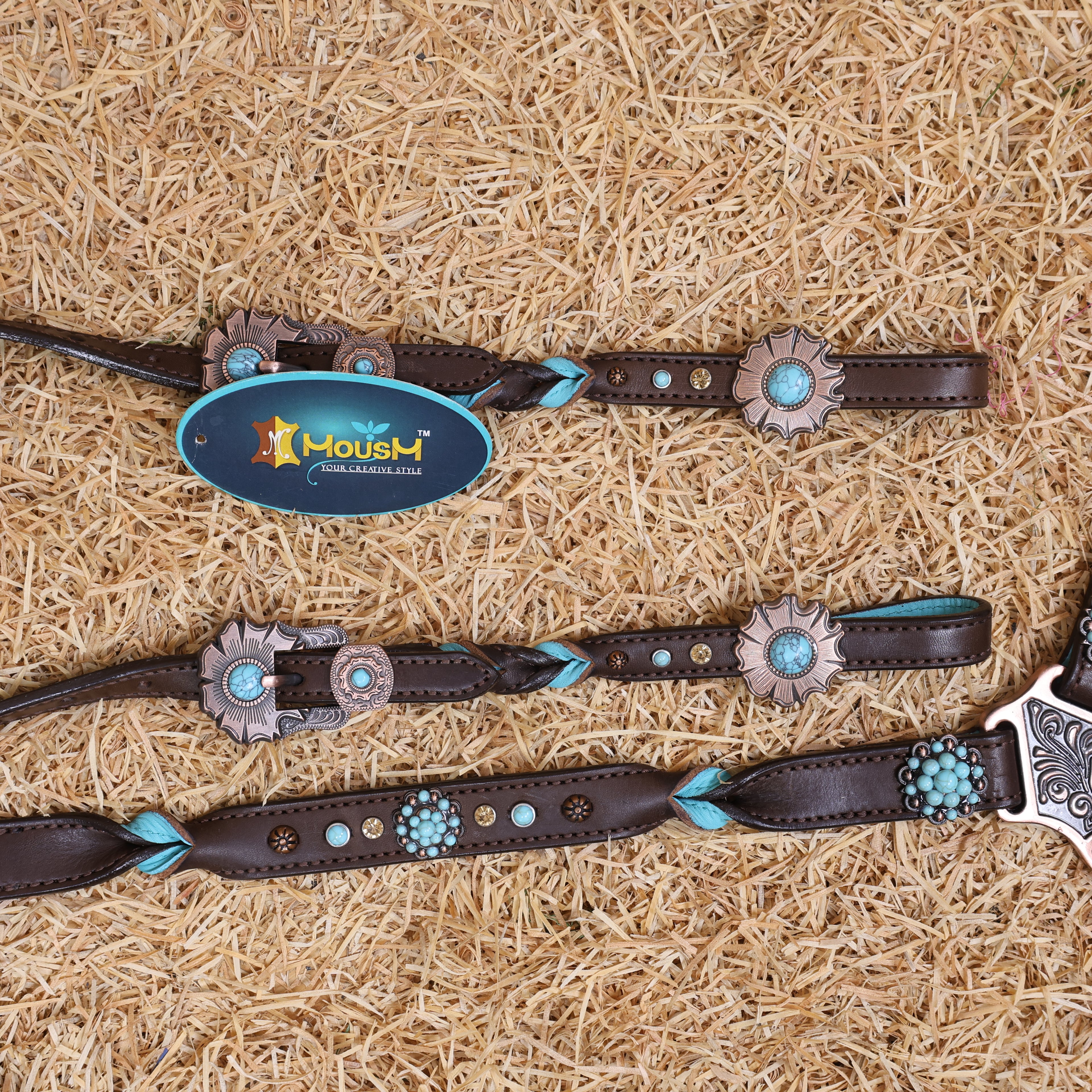 MOUSM Western Headstall and Breast Collar Set – Handcrafted from Argentina Cow Leather with Twisted Knot One-Ear Headstall, Cheekpiece, and Breast Collar, Berry Conchos with Turquoise Stones, Flower Conchos & Flower Buckles with Center Turquoise Stone
