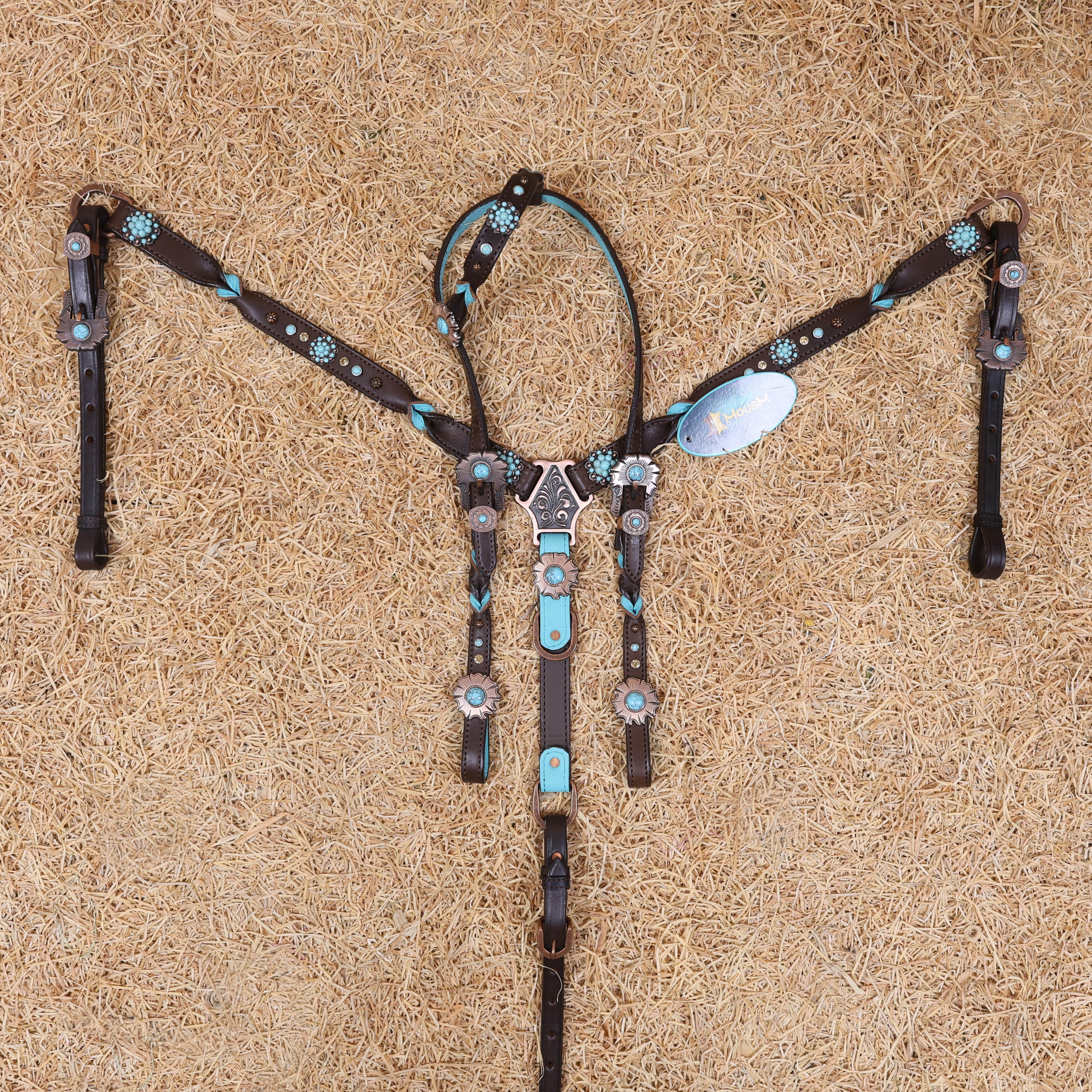 MOUSM Western Headstall and Breast Collar Set – Handcrafted from Argentina Cow Leather with Twisted Knot One-Ear Headstall, Cheekpiece, and Breast Collar, Berry Conchos with Turquoise Stones, Flower Conchos & Flower Buckles with Center Turquoise Stone