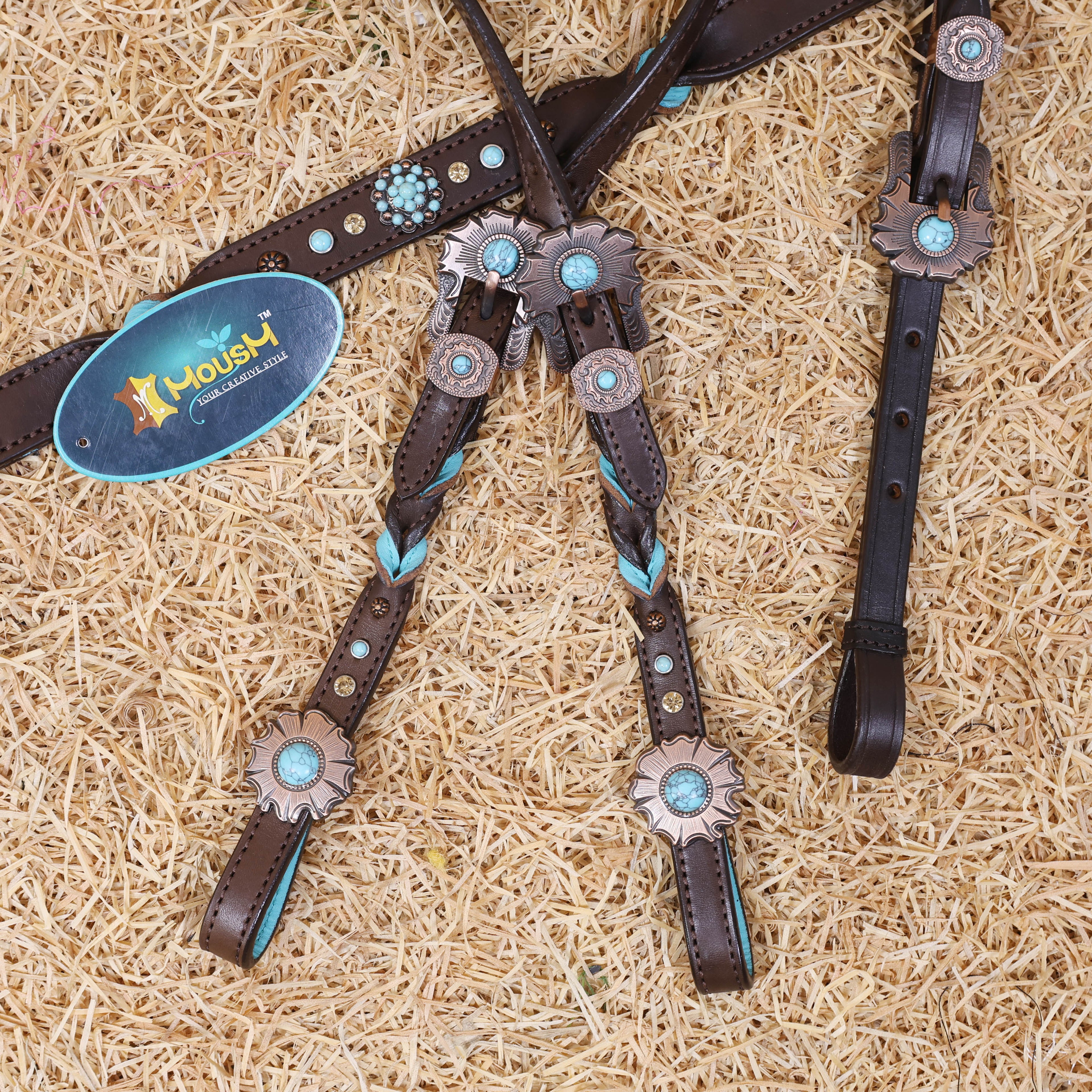 MOUSM Western Headstall and Breast Collar Set – Handcrafted from Argentina Cow Leather with Twisted Knot One-Ear Headstall, Cheekpiece, and Breast Collar, Berry Conchos with Turquoise Stones, Flower Conchos & Flower Buckles with Center Turquoise Stone