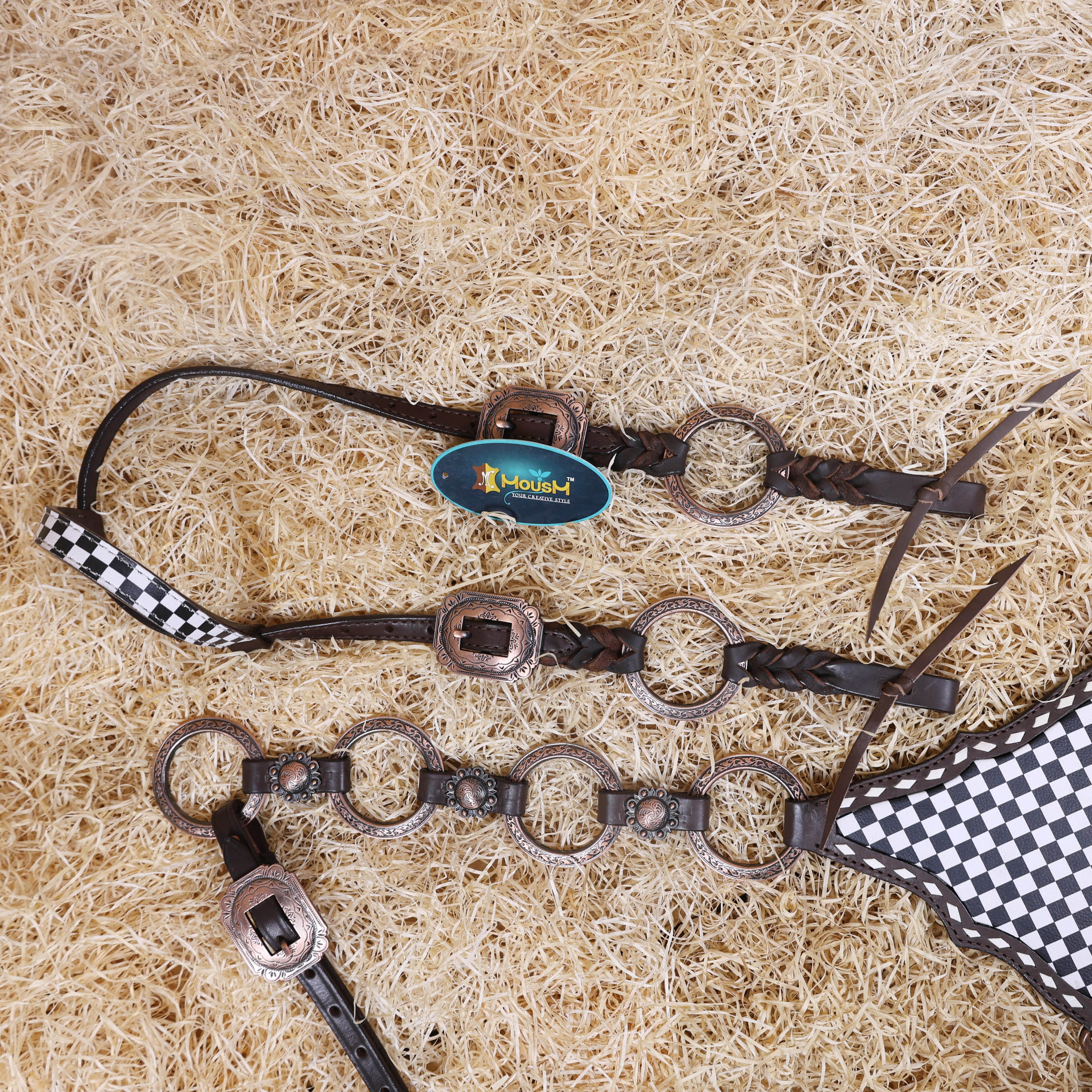 MOUSM Ring Headstall Set – Handcrafted from Genuine Argentine Leather, Featuring a Rock Black and White Checkered Gladiator Breast Collar with Engraved Metal Rings, Braided Cheekpieces, and Berry Conchos