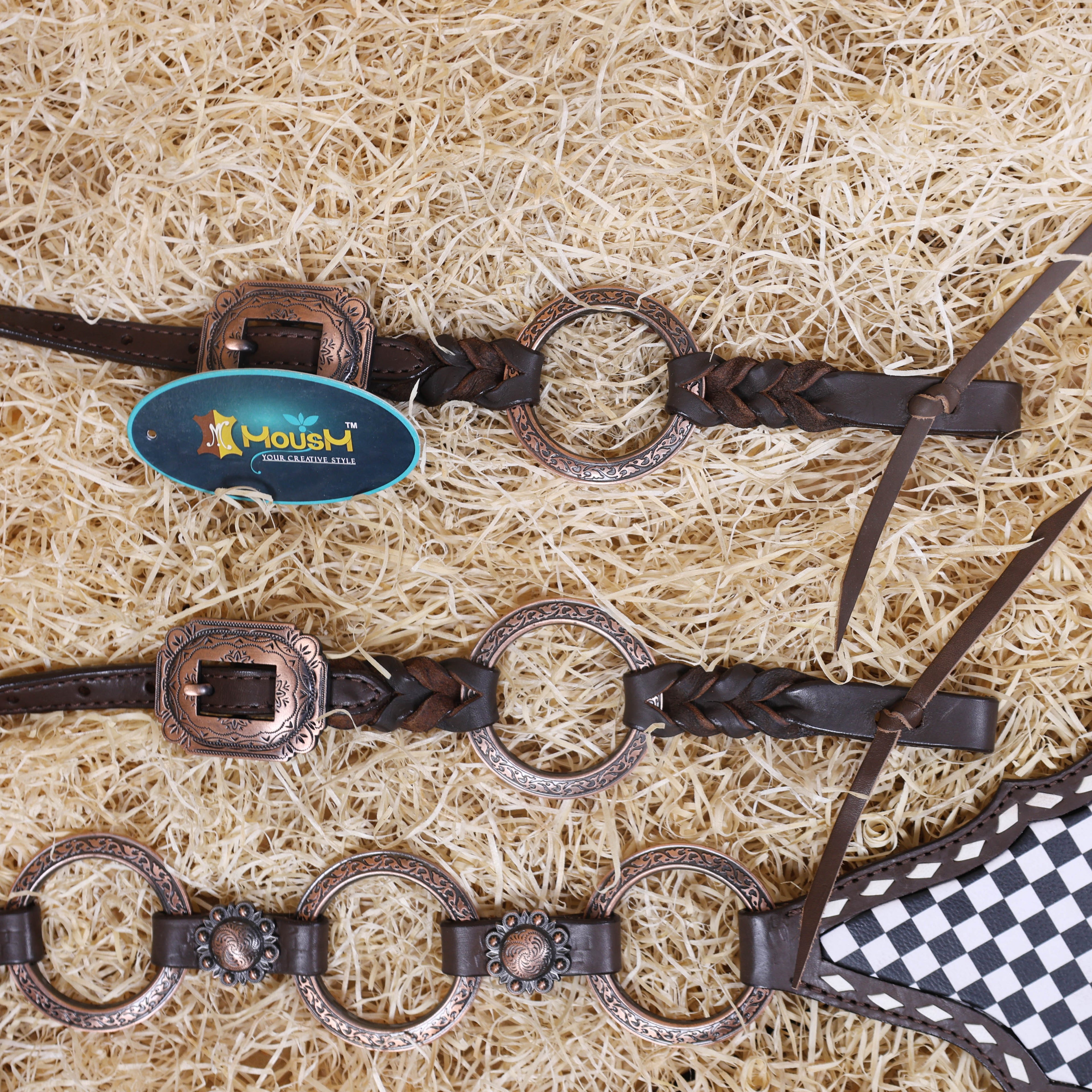 MOUSM Ring Headstall Set – Handcrafted from Genuine Argentine Leather, Featuring a Rock Black and White Checkered Gladiator Breast Collar with Engraved Metal Rings, Braided Cheekpieces, and Berry Conchos