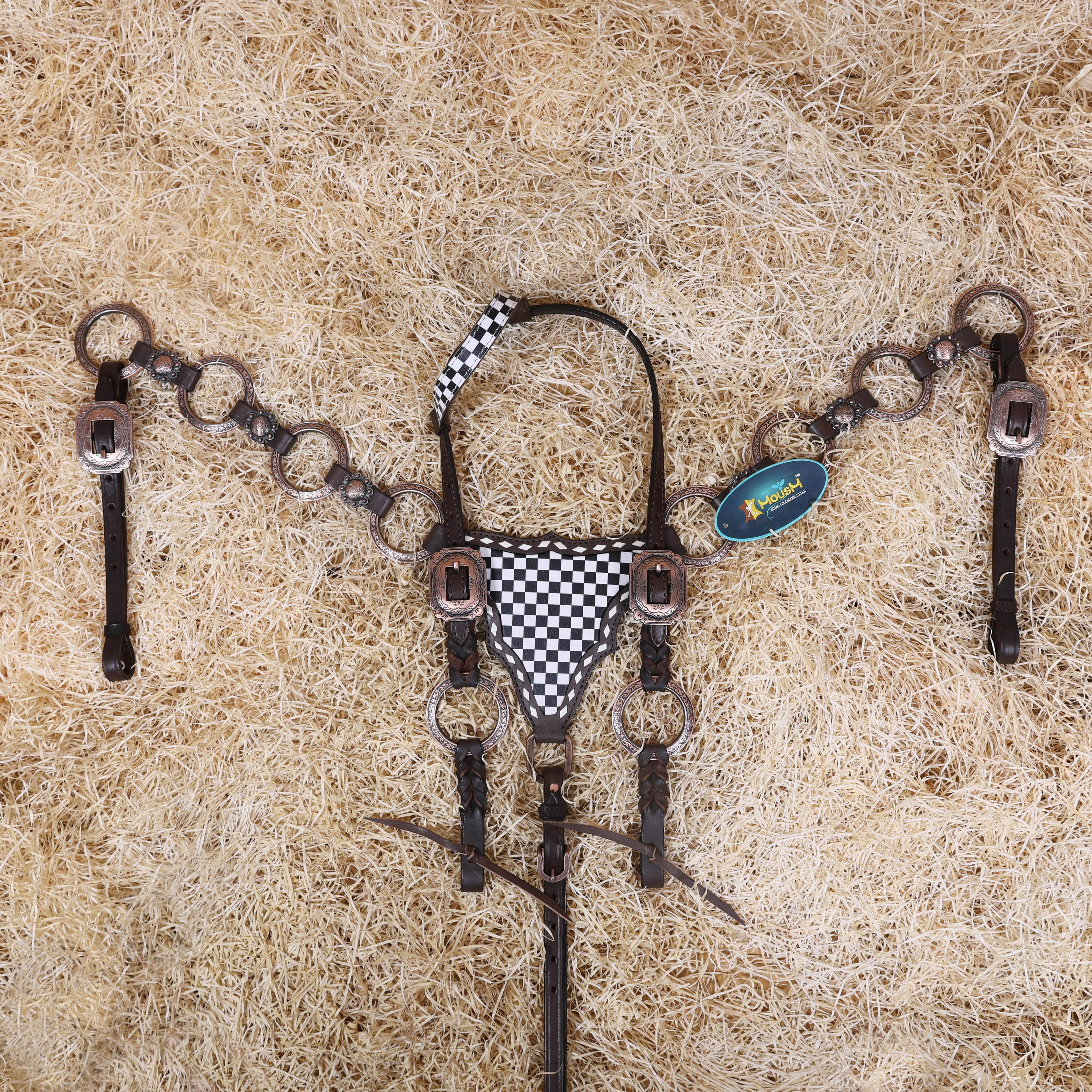 MOUSM Ring Headstall Set – Handcrafted from Genuine Argentine Leather, Featuring a Rock Black and White Checkered Gladiator Breast Collar with Engraved Metal Rings, Braided Cheekpieces, and Berry Conchos