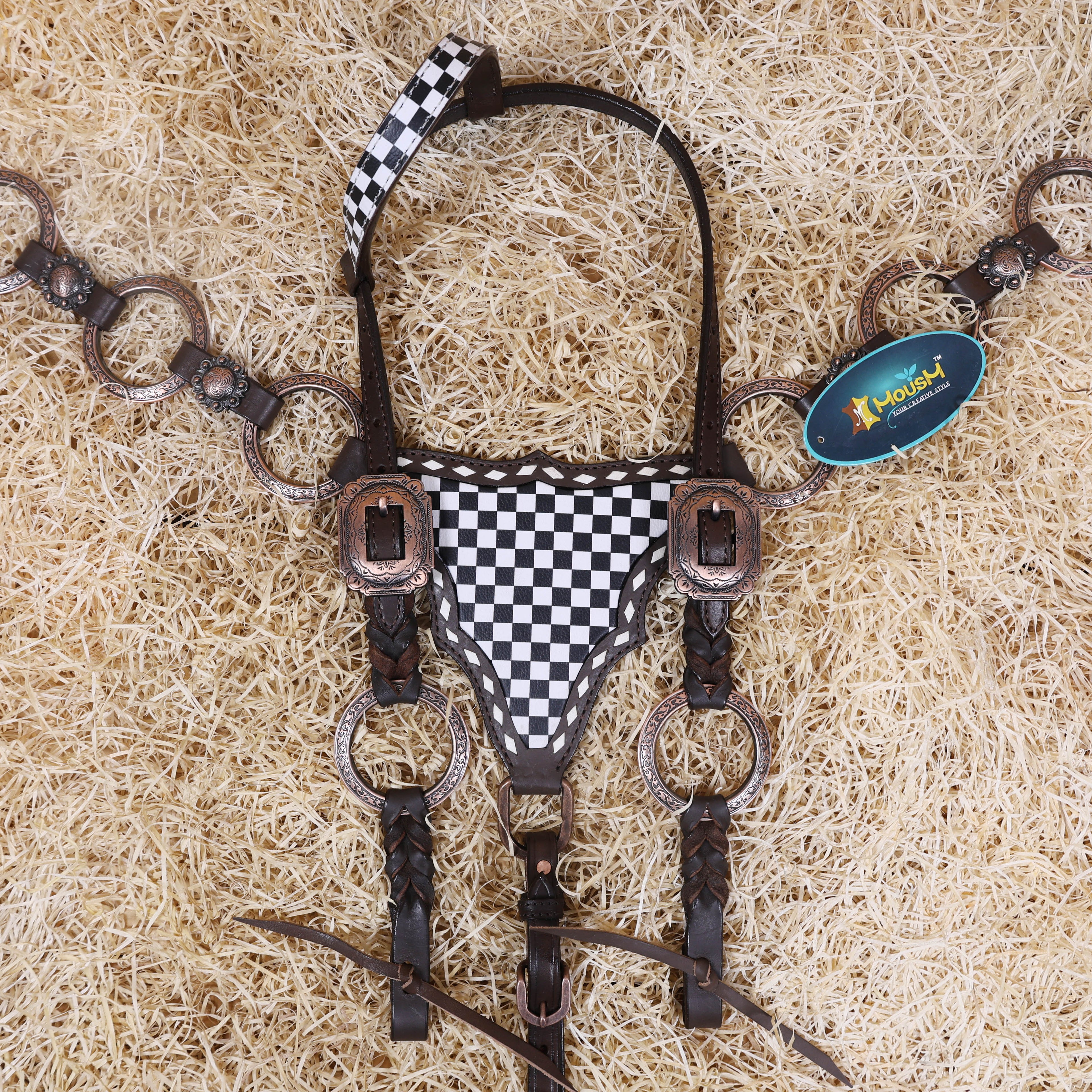 MOUSM Ring Headstall Set – Handcrafted from Genuine Argentine Leather, Featuring a Rock Black and White Checkered Gladiator Breast Collar with Engraved Metal Rings, Braided Cheekpieces, and Berry Conchos