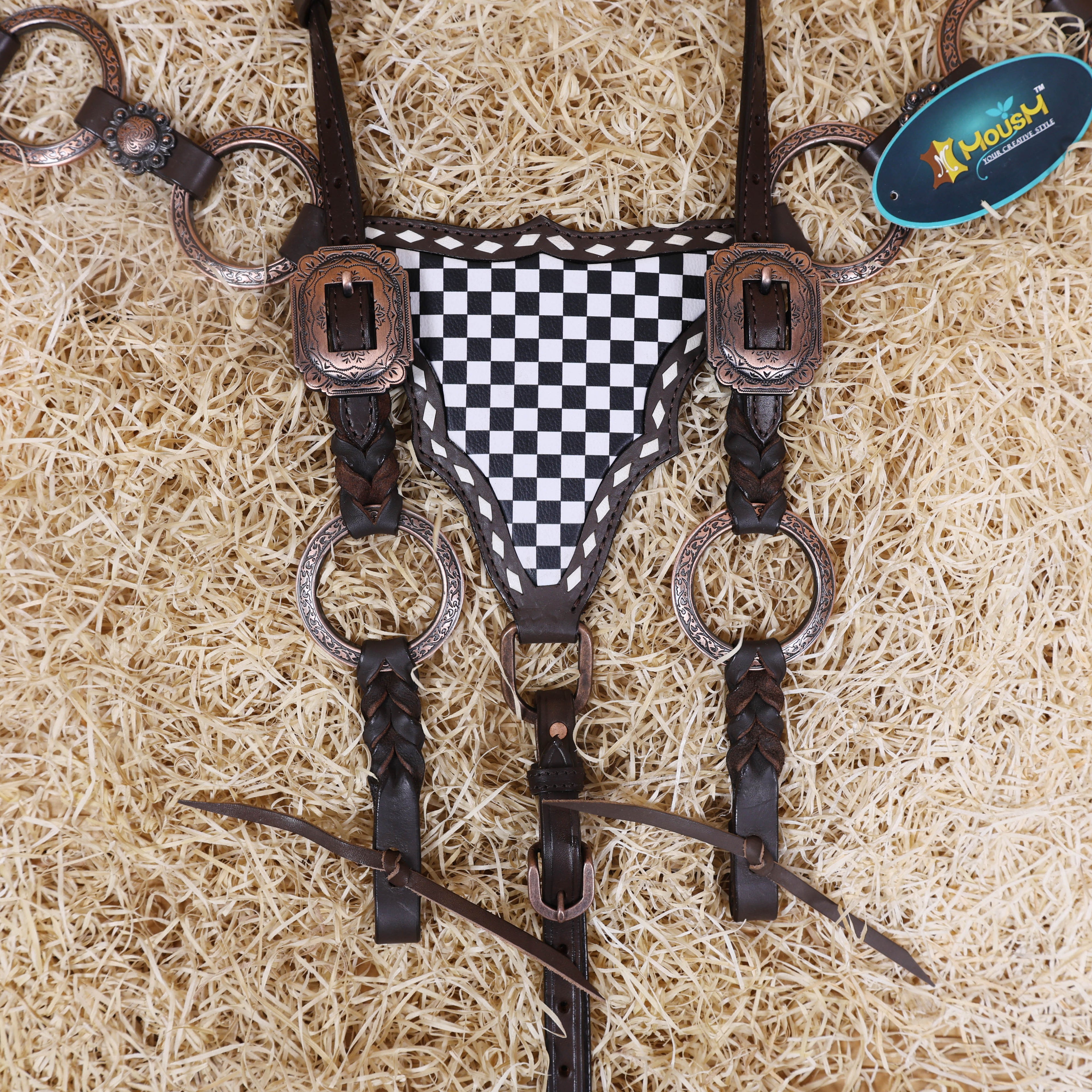 MOUSM Ring Headstall Set – Handcrafted from Genuine Argentine Leather, Featuring a Rock Black and White Checkered Gladiator Breast Collar with Engraved Metal Rings, Braided Cheekpieces, and Berry Conchos