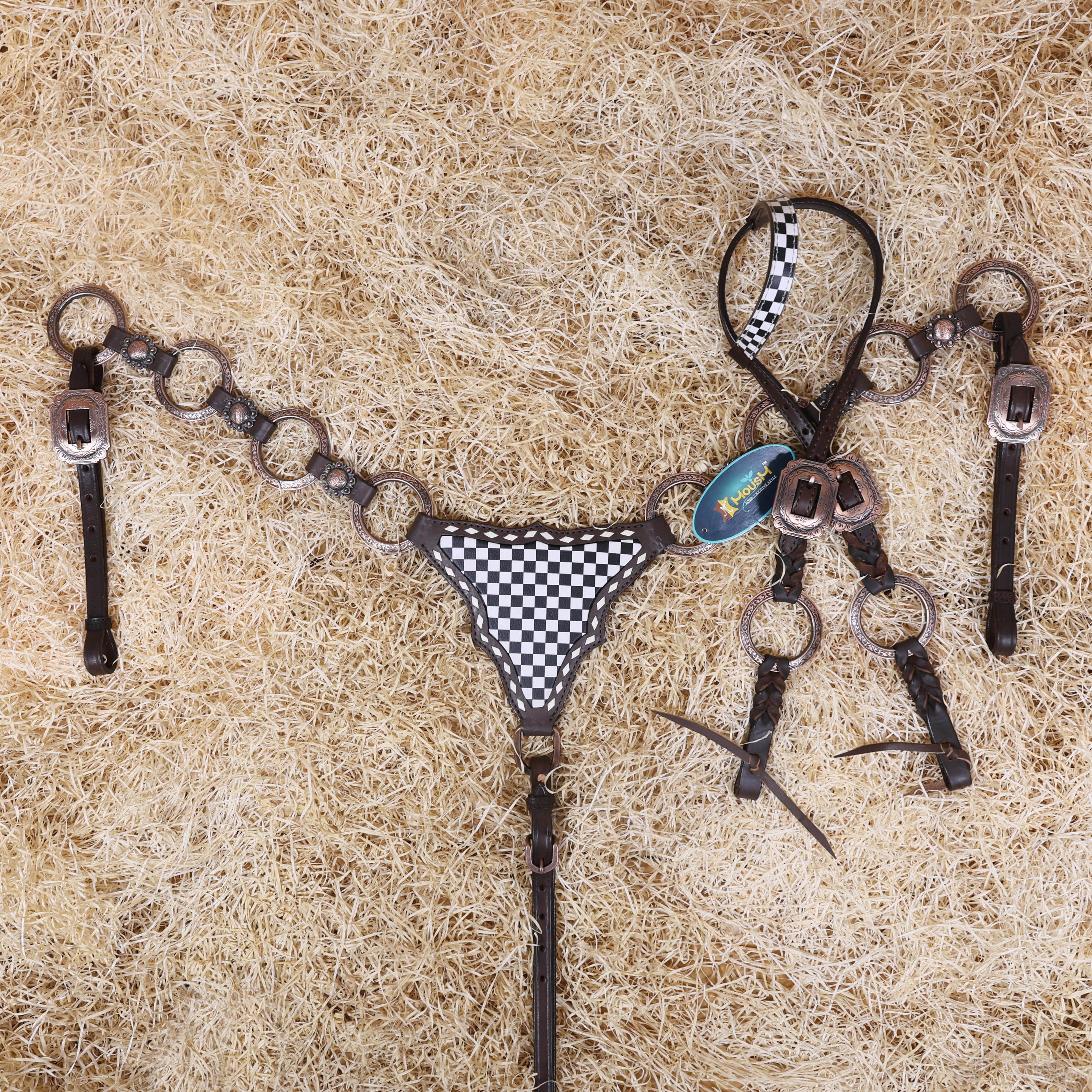 MOUSM Ring Headstall Set – Handcrafted from Genuine Argentine Leather, Featuring a Rock Black and White Checkered Gladiator Breast Collar with Engraved Metal Rings, Braided Cheekpieces, and Berry Conchos