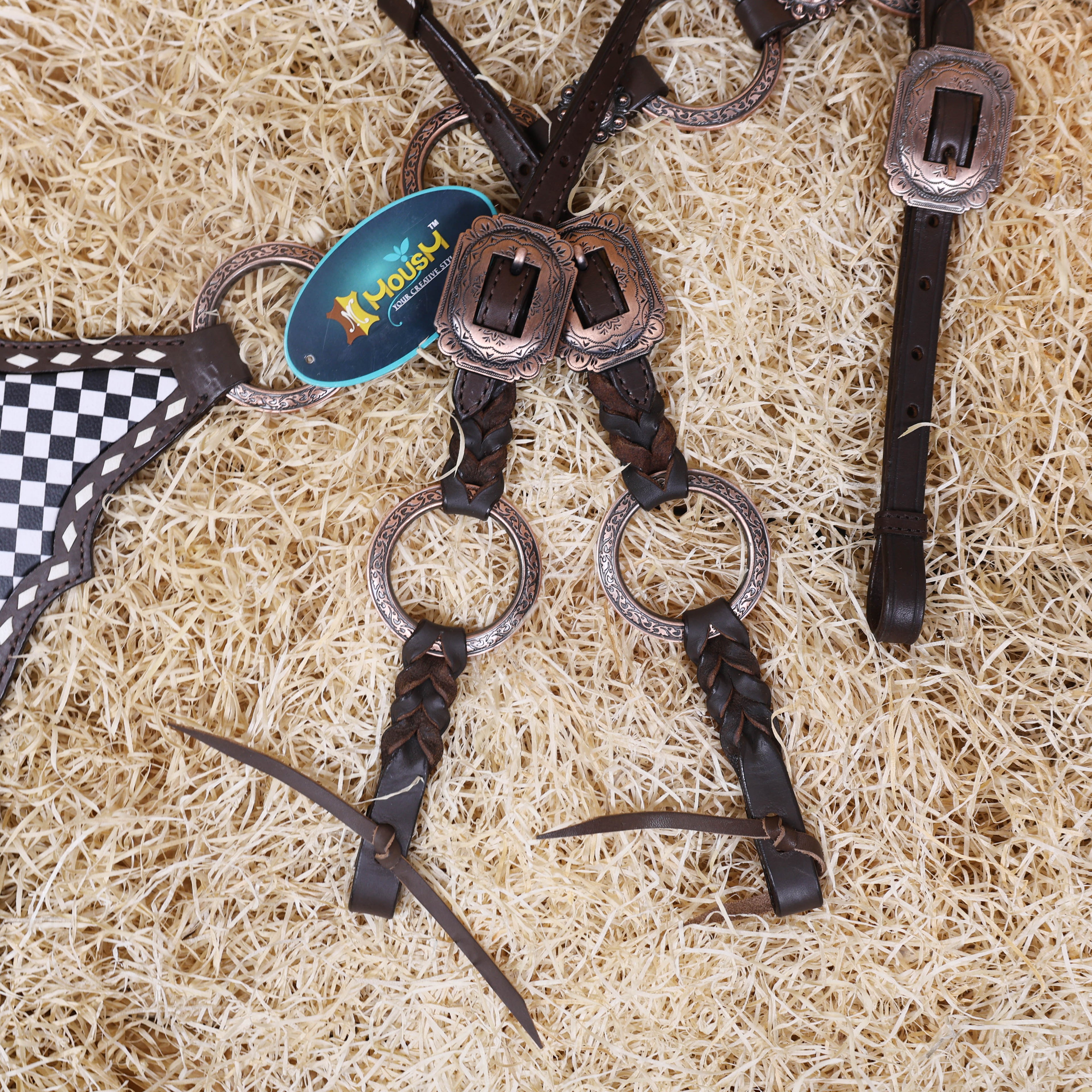 MOUSM Ring Headstall Set – Handcrafted from Genuine Argentine Leather, Featuring a Rock Black and White Checkered Gladiator Breast Collar with Engraved Metal Rings, Braided Cheekpieces, and Berry Conchos