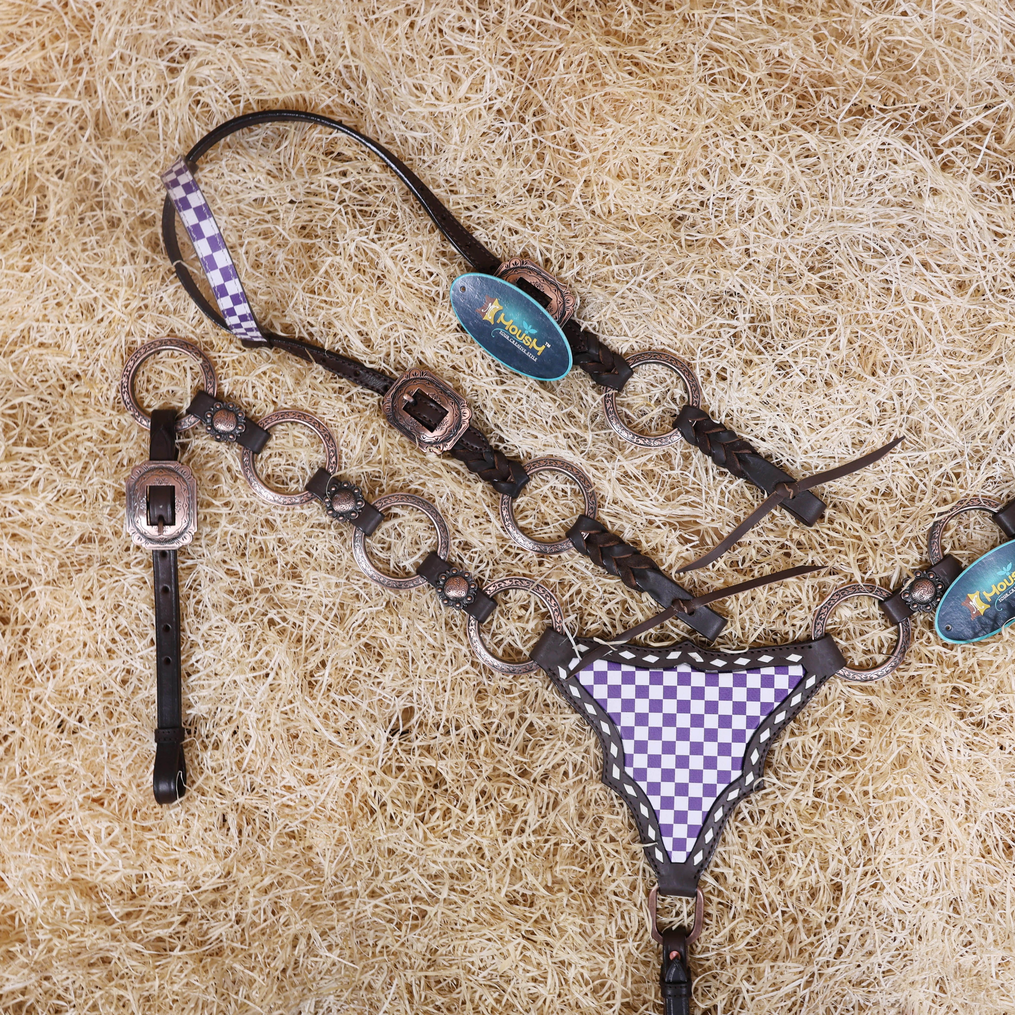 MOUSM Western One Ear Headstall Set – Handcrafted from Genuine Argentine Leather, Featuring a Purple and White Checkered Gladiator Breast Collar with Engraved Metal Rings, Braided Cheekpieces, and Berry Conchos