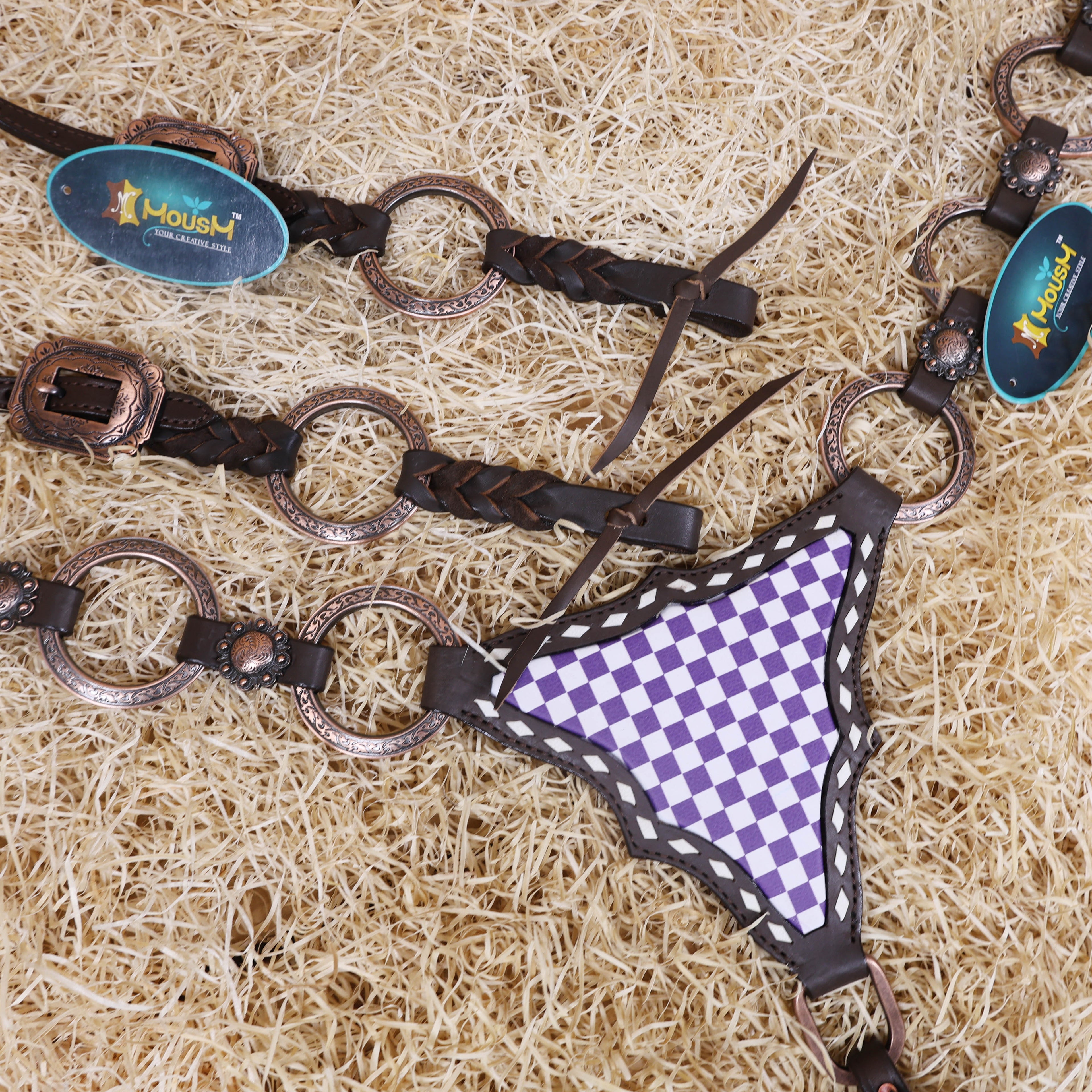 MOUSM Western One Ear Headstall Set – Handcrafted from Genuine Argentine Leather, Featuring a Purple and White Checkered Gladiator Breast Collar with Engraved Metal Rings, Braided Cheekpieces, and Berry Conchos